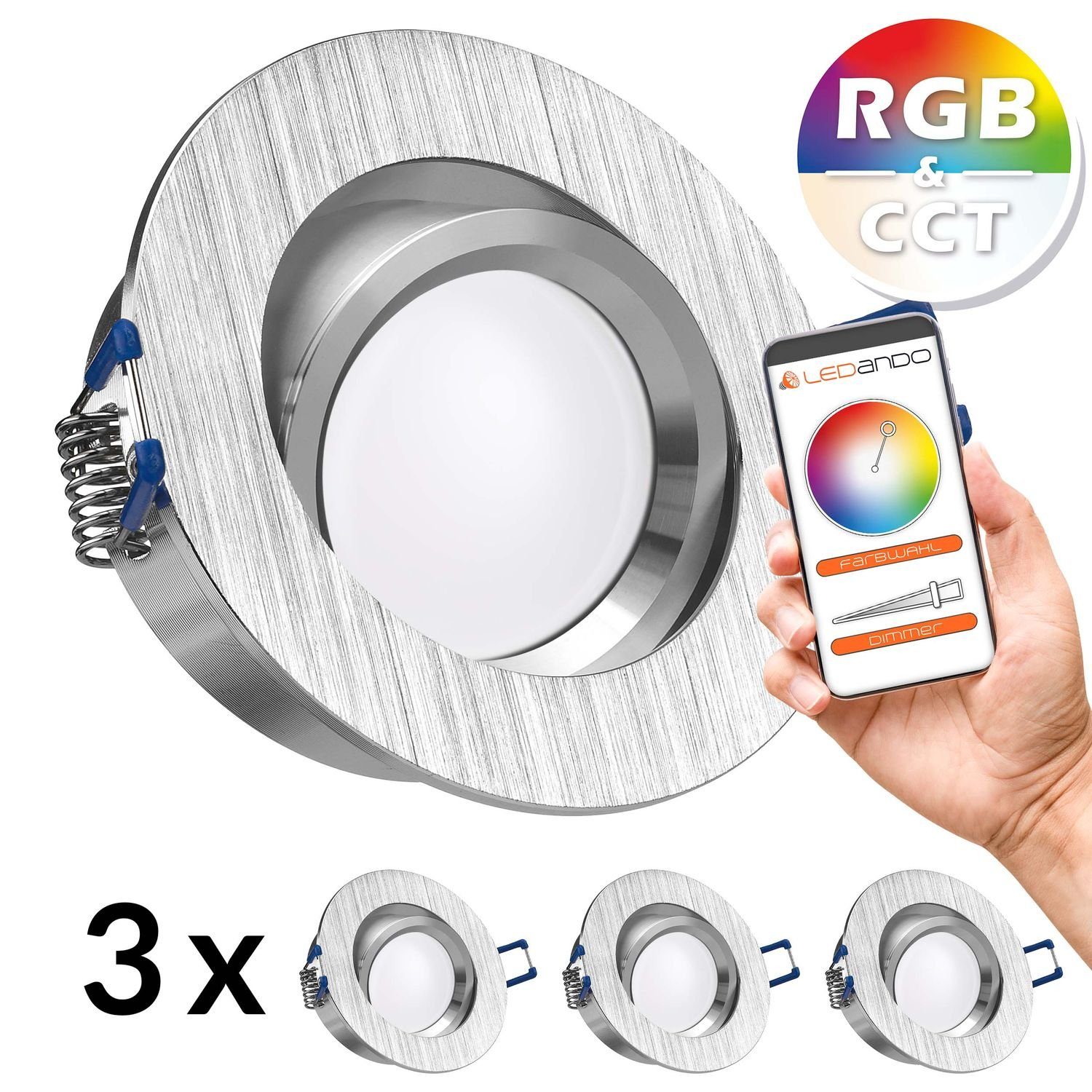 LEDANDO Einbaustrahler CCT flach RGB - LED gebürste LED Set aluminium 3er extra Einbaustrahler in