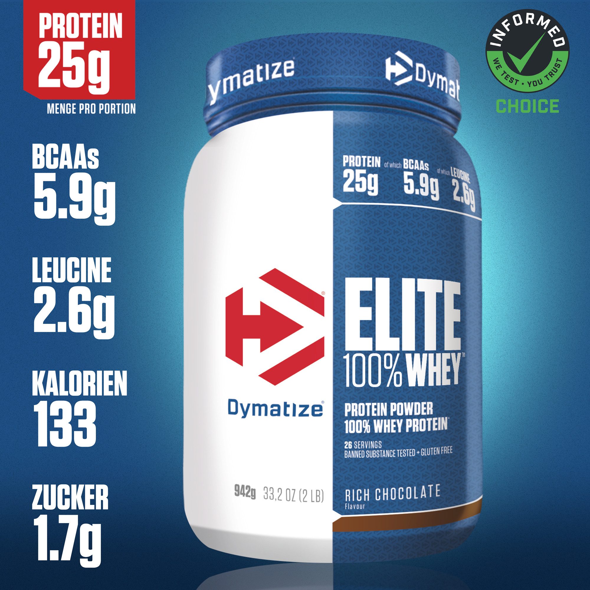 Dymatize Whey Protein Pulver Shake Elite 100% Isolat Rich Chocolate 942 g Pulver, 942 g
