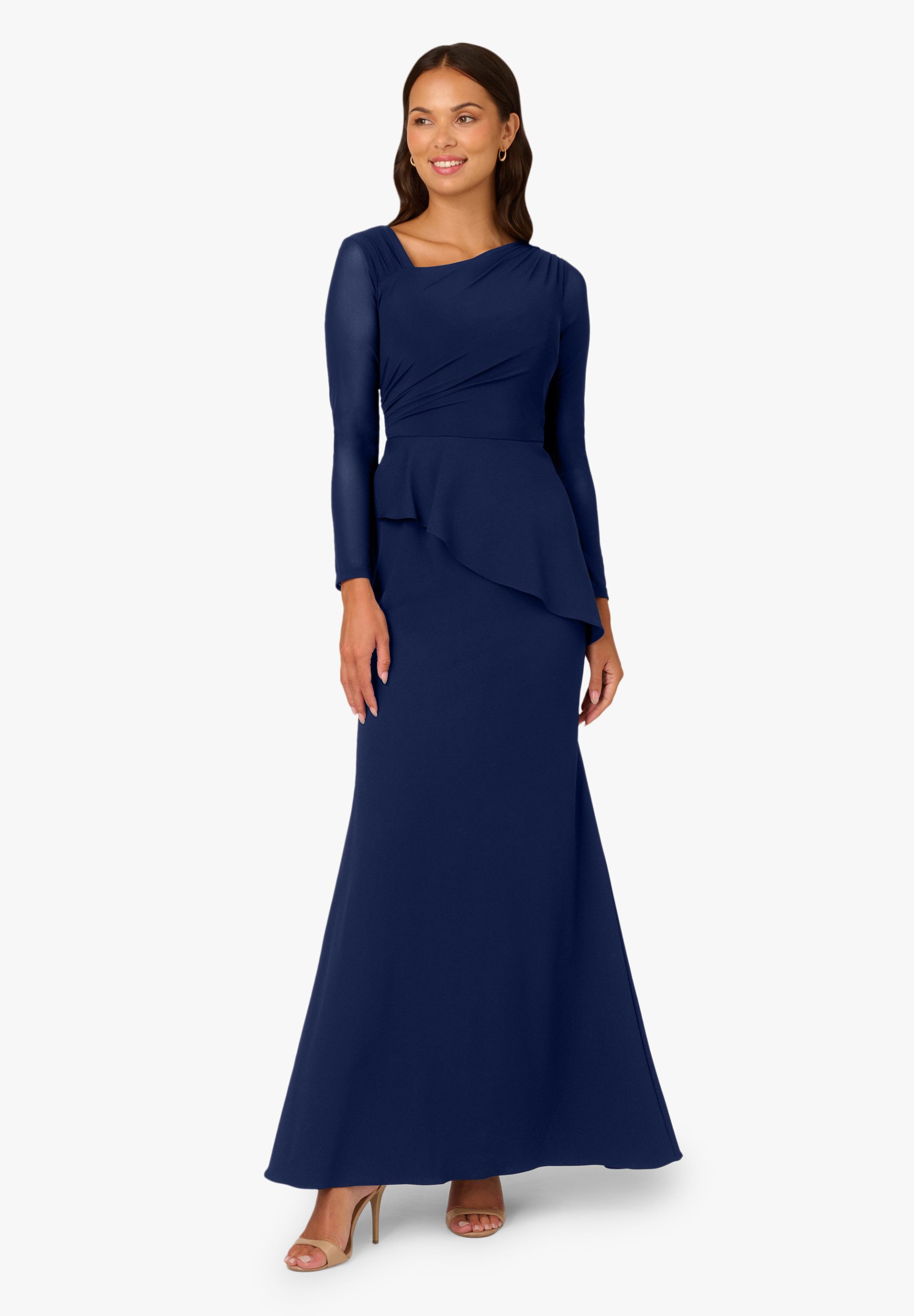 Adrianna Papell Abendkleid Knit Crepe Combo Mesh Gown Asymmetrisches Kleid mit Ausschnitt und Schößchen