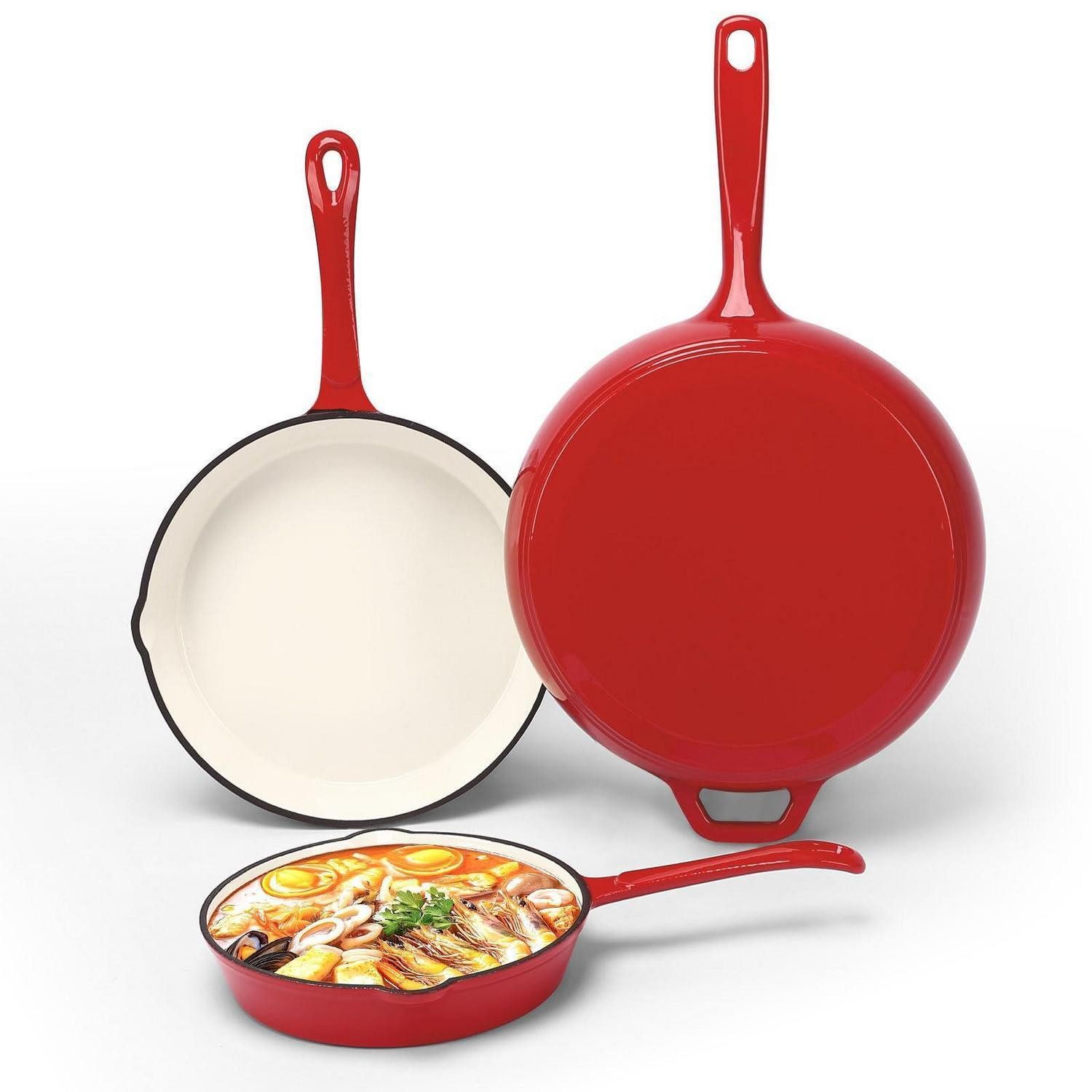 LuxusKollektion Pfannen-Set Emailliertes Gusseisen Bratpfannen-Set 3-tlg. Rot