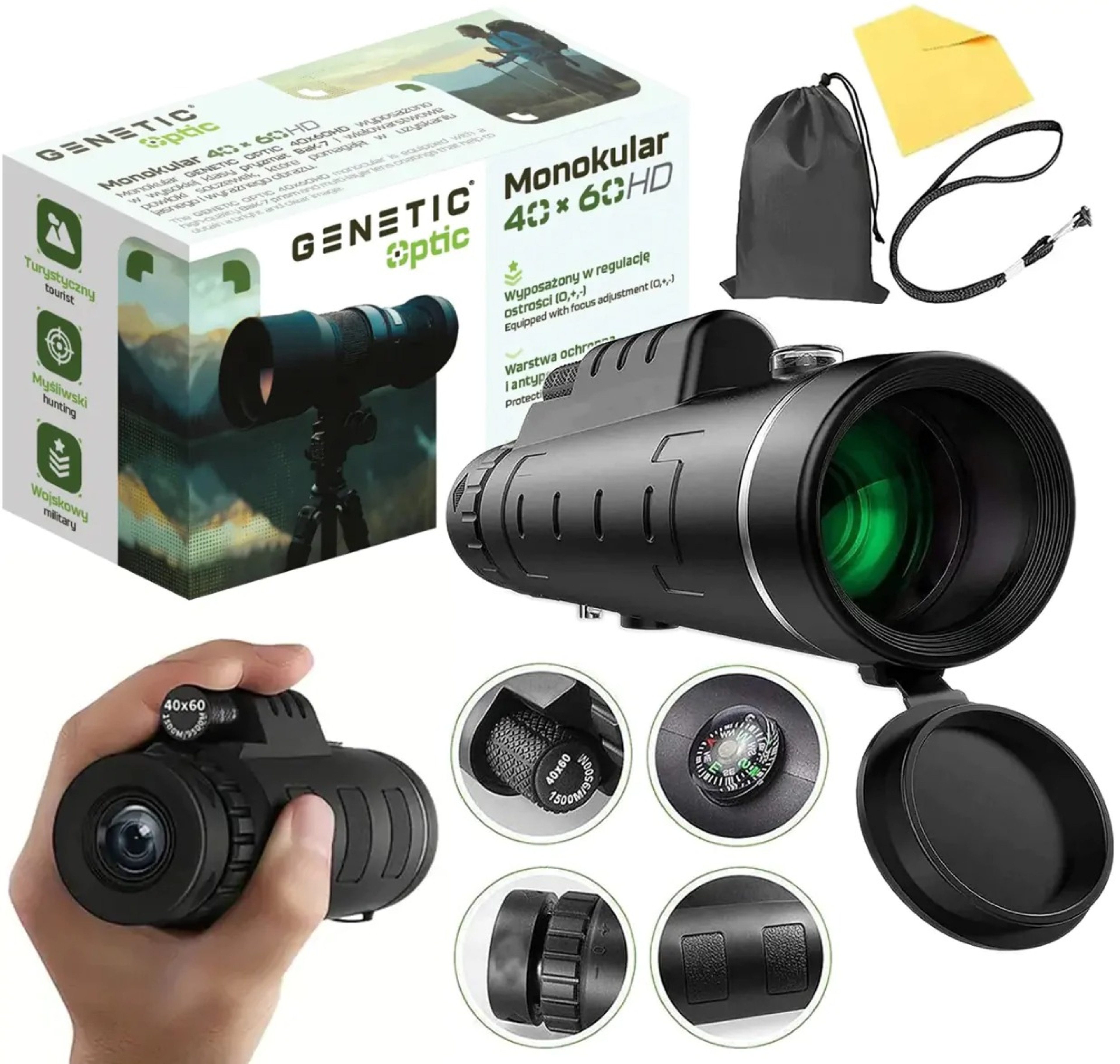 GENETIC Optic Monokular 40x60 HD Fernglas Militär Outdoor wasserdicht mit Zubehör Monokular (40x60 HD mit BaK-7 Prisma, wasserdicht, stoßfest, großes Sehfeld)