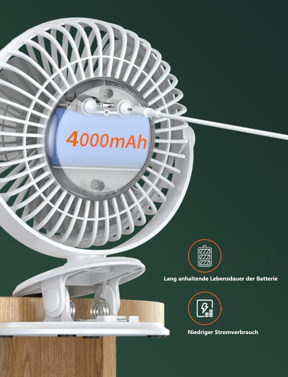 XDeer Mini USB-Ventilator Ventilator,360°, Drehung Lüfter,5 Fan,4000mAh USB Tragbarer Wiederaufladbarer mini black Geschwindigkeiten Clip Tischventilator Leise