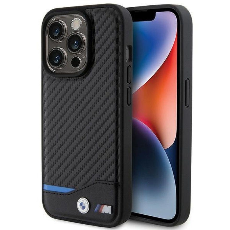 BMW Handyhülle Case iPhone 15 Pro Leder Tricolor schwarz Carbon 6,1 Zoll, Kantenschutz