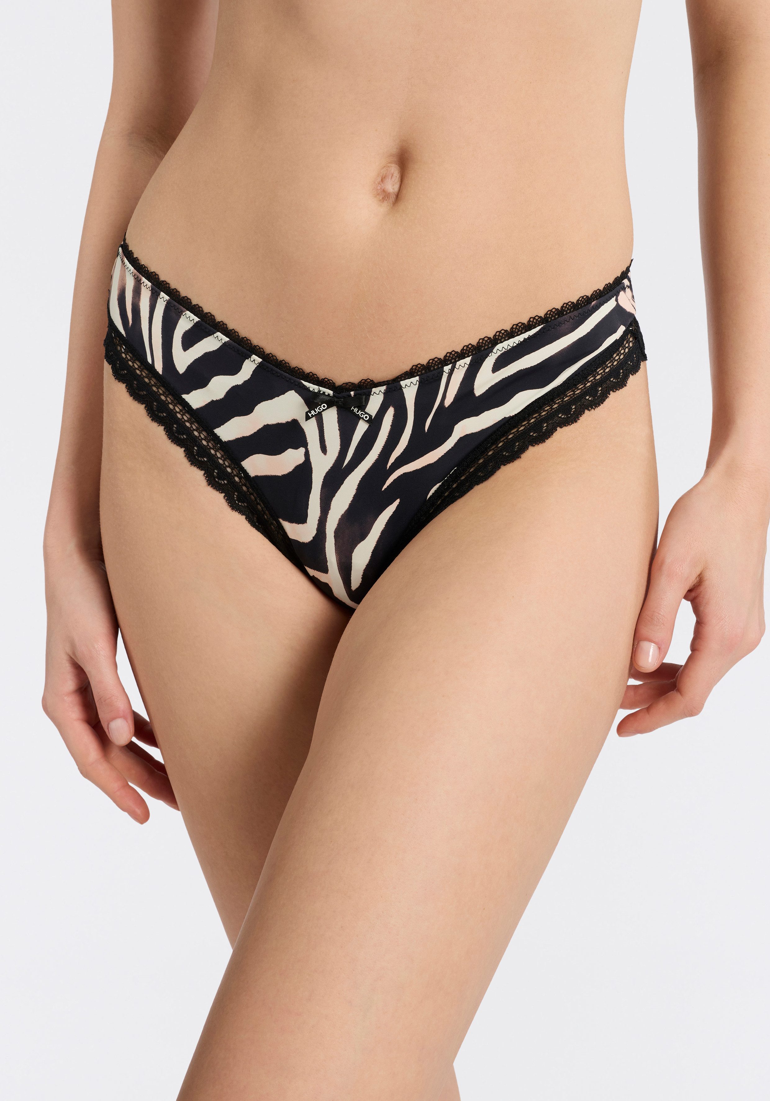 HUGO String elegante Spitzenbesätze, Logo-Schleife, mittlere Bundhöhe