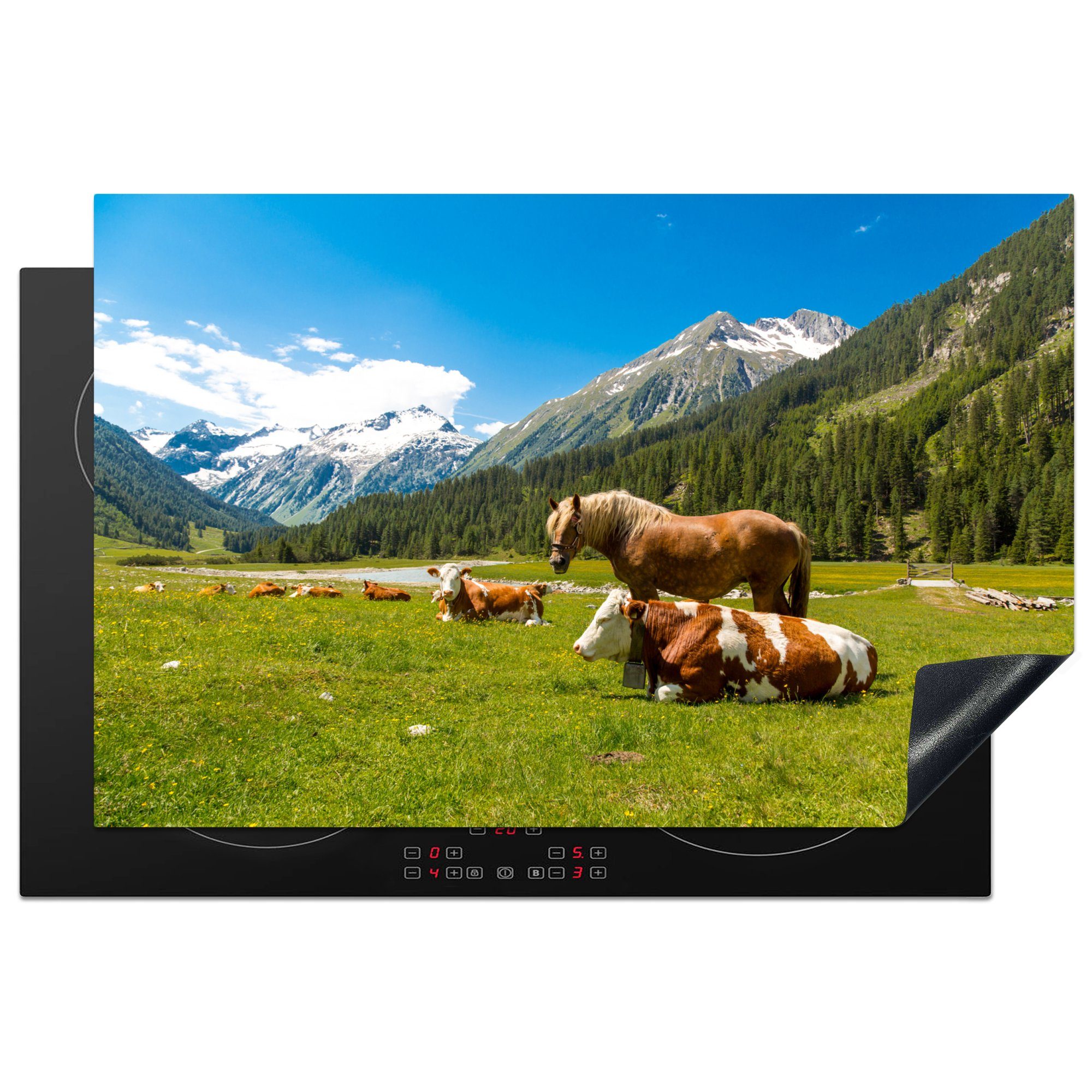 MuchoWow Herdblende-/Abdeckplatte Kühe - Pferde - Alpen, Vinyl, (1 tlg), 81x52 cm, Induktionskochfeld Schutz für die küche, Ceranfeldabdeckung