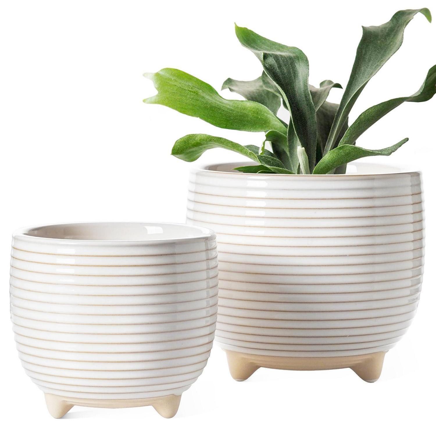 LuxusKollektion Blumentopf Blumentopf Keramik 12cm 16cm 2er Abflussloch Füße Reaktive Glasur Weiß