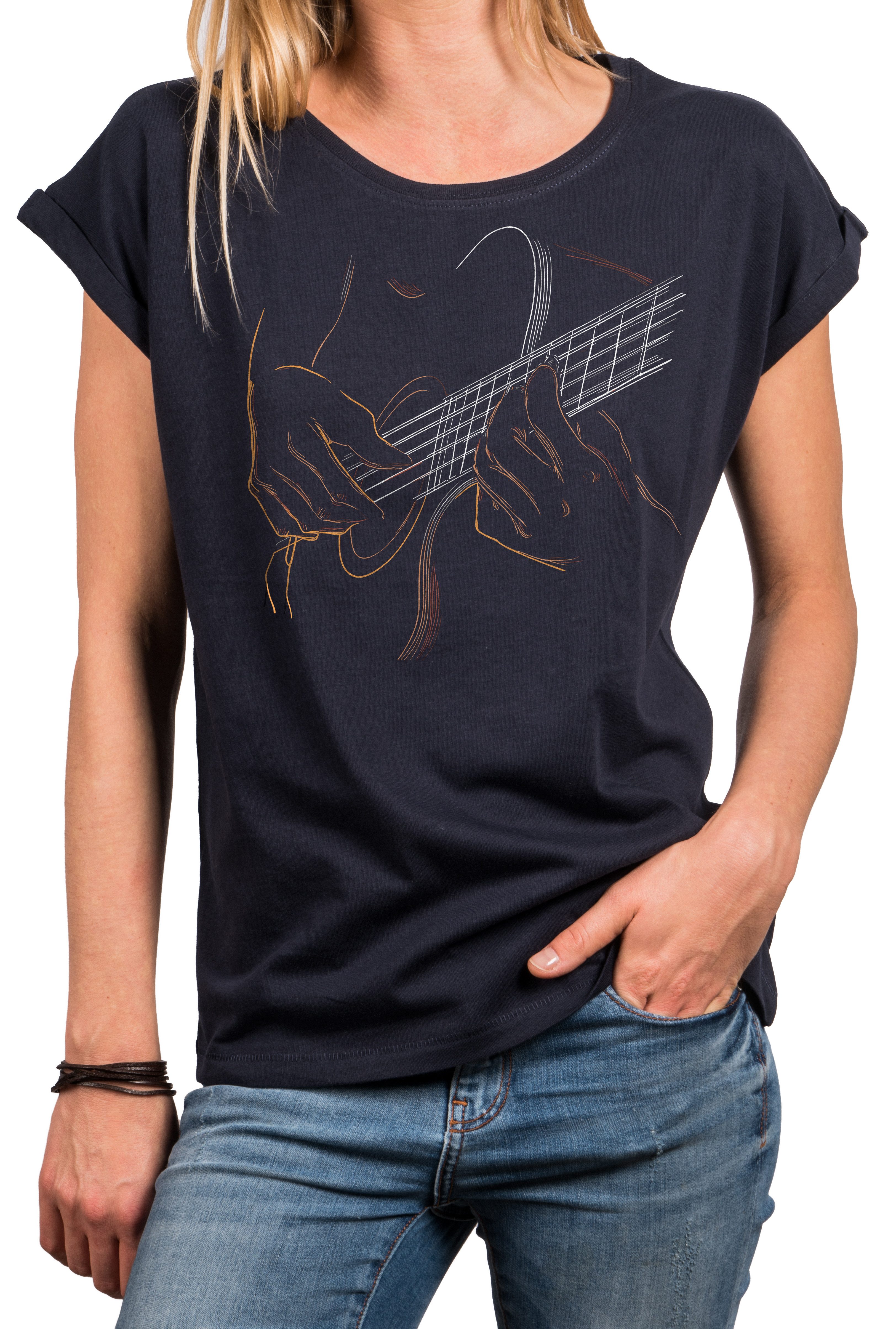MAKAYA T-Shirt Rockiges Damen-Top mit Gitarren-Motiv – cooles Festival-Outfit (Schwarz, Blau, 34, 36, 38, 40, 42, 44, 46, 48, 50) Baumwolle