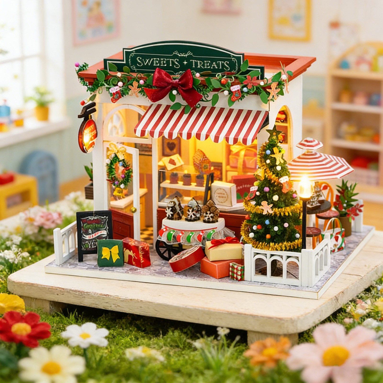 MODFU 3D-Puzzle DIY Miniatur-Weihnachtshaus mit LED Bastelset detailreiches Puppenhaus, Puzzleteile, kreatives Handarbeits- und Modellbau-Set festliche Wohnraumdekoration
