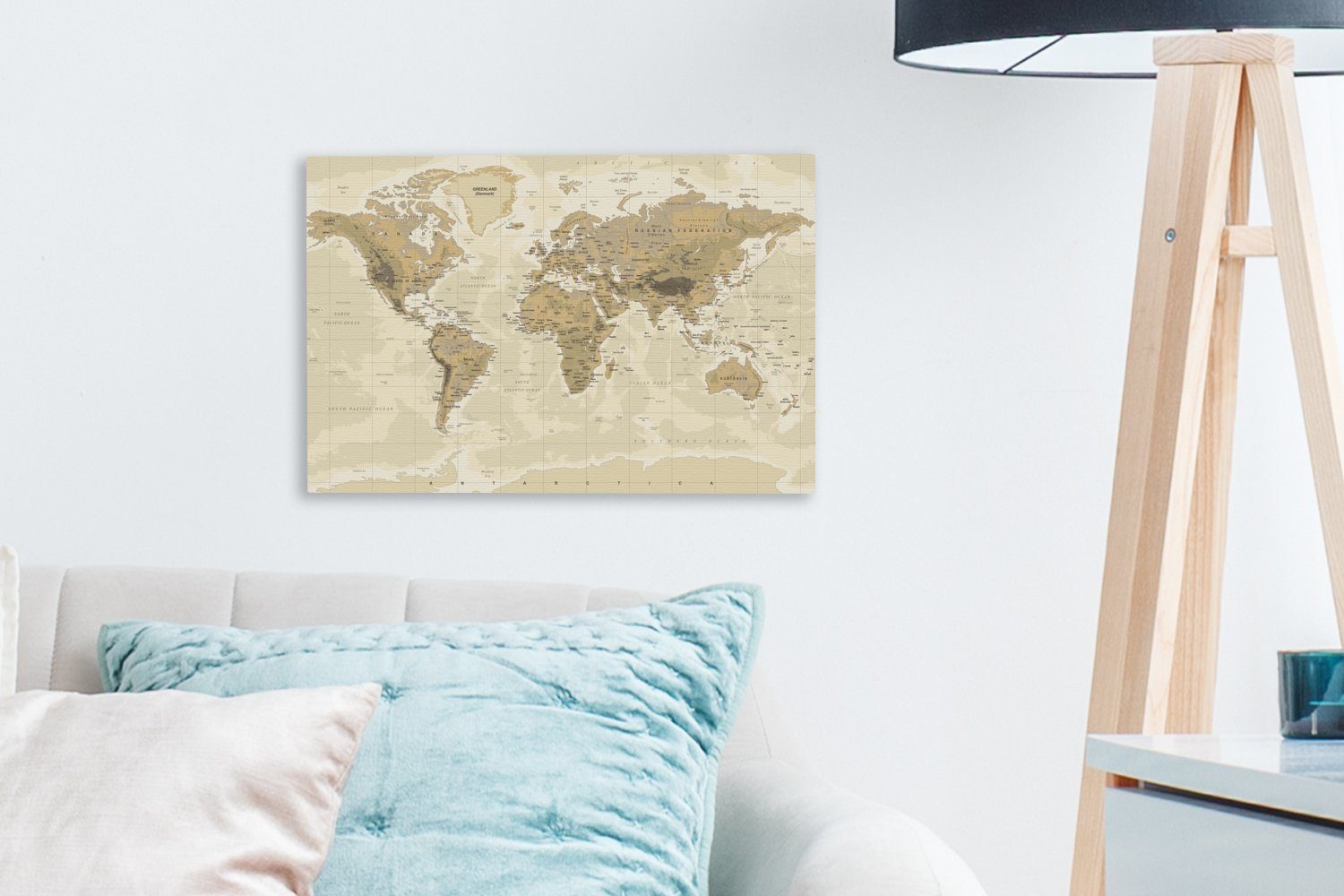 Karte Leinwandbilder, - Jahrgang, Wandbild Wanddeko, 30x20 - Welt (1 cm Leinwandbild OneMillionCanvasses® St), Aufhängefertig,