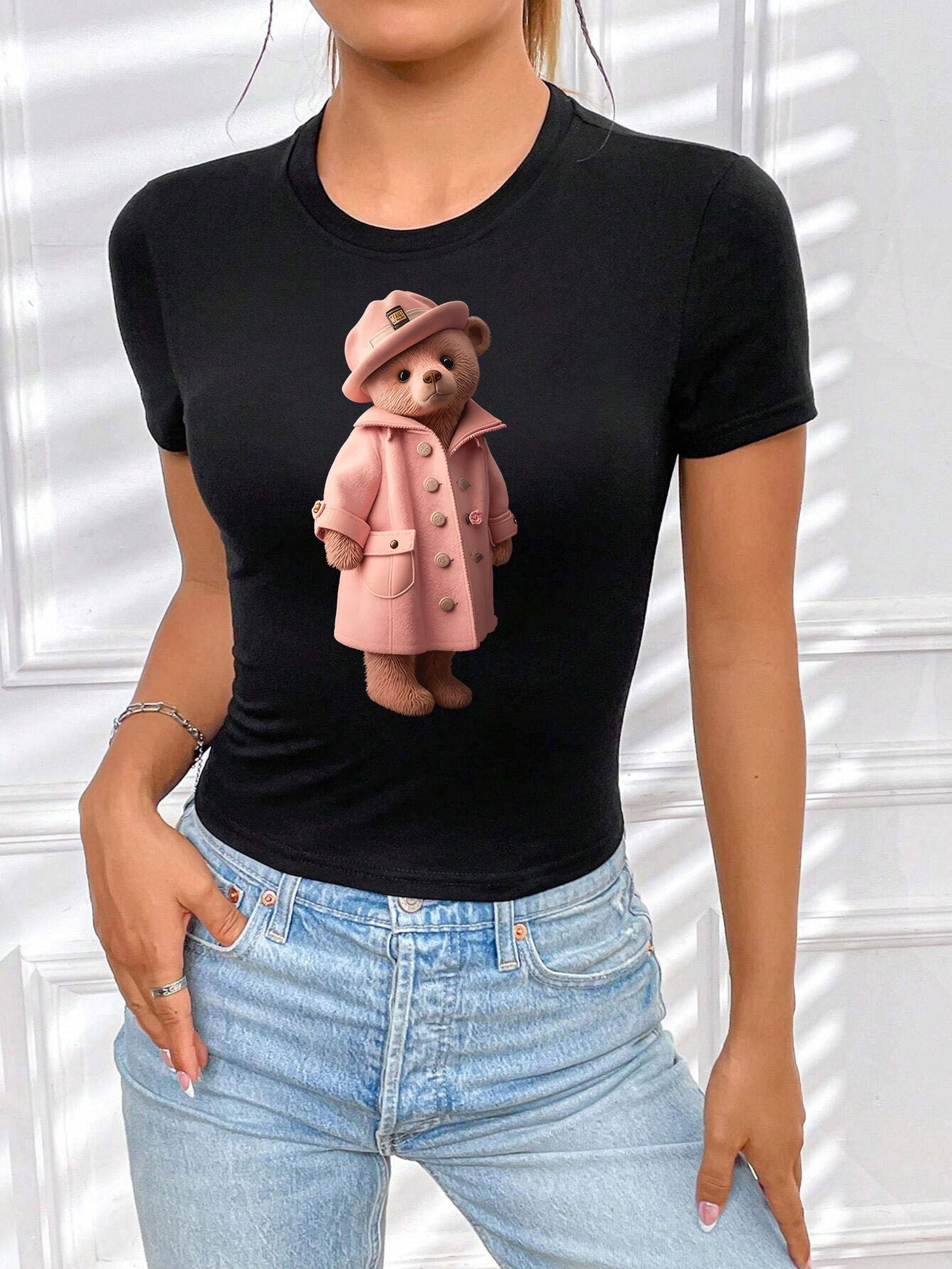 Damen Bär Shirt Teddy T-Shirt Schwarz T-Shirt RMK kurzarm Rundhalsshirt