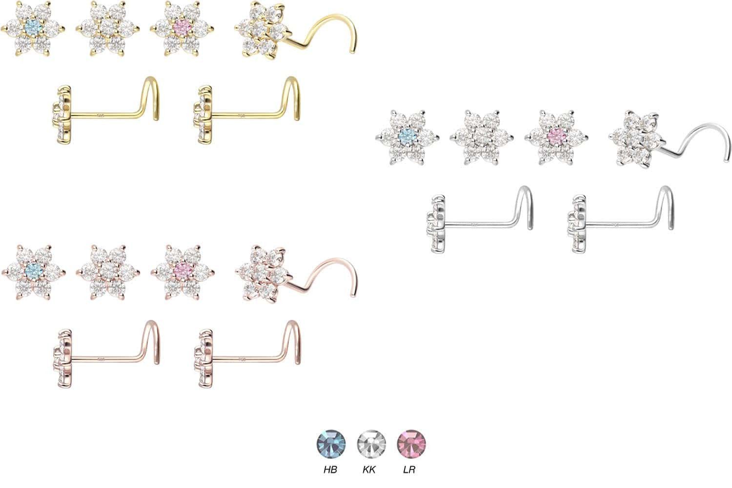 PIERCINGLINE Nasenpiercing 14/18 Karat Gold Nasenstecker Spirale MOISSANIT-BLUME (Nasenstecker, 1-tlg)