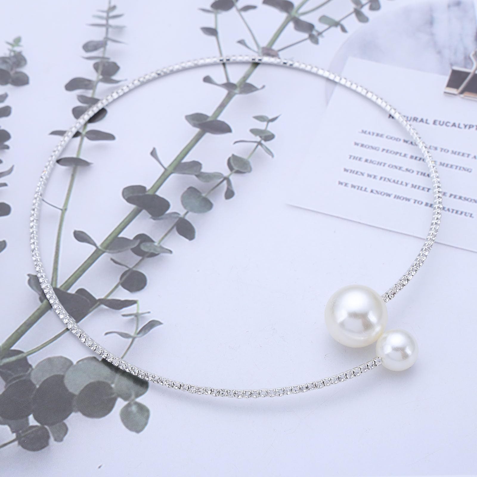 MOPUEA Kette mit Anhänger Strass Perlenkette Choker, Faux Perle offene geometrische Kragen (Hochzeit Halsketten Braut Kristall Kette Schmuck, 1-tlg), Silber Kri – Bild 4 von 5