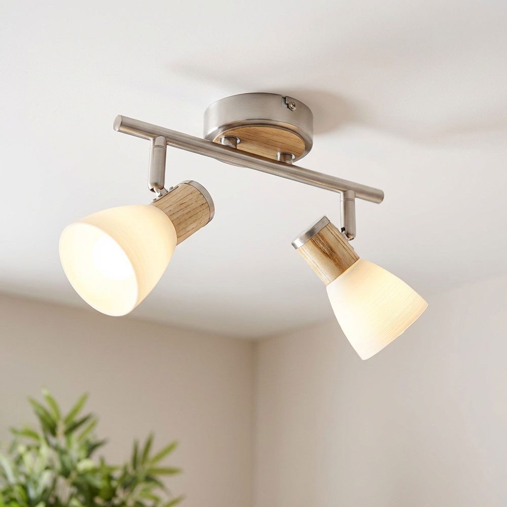 GLOBO LIGHTING Deckenleuchte, Leuchtmittel nicht inklusive, Deckenleuchte 2 flammig Holz Glas Metall Deckenstrahler Deckenlampe