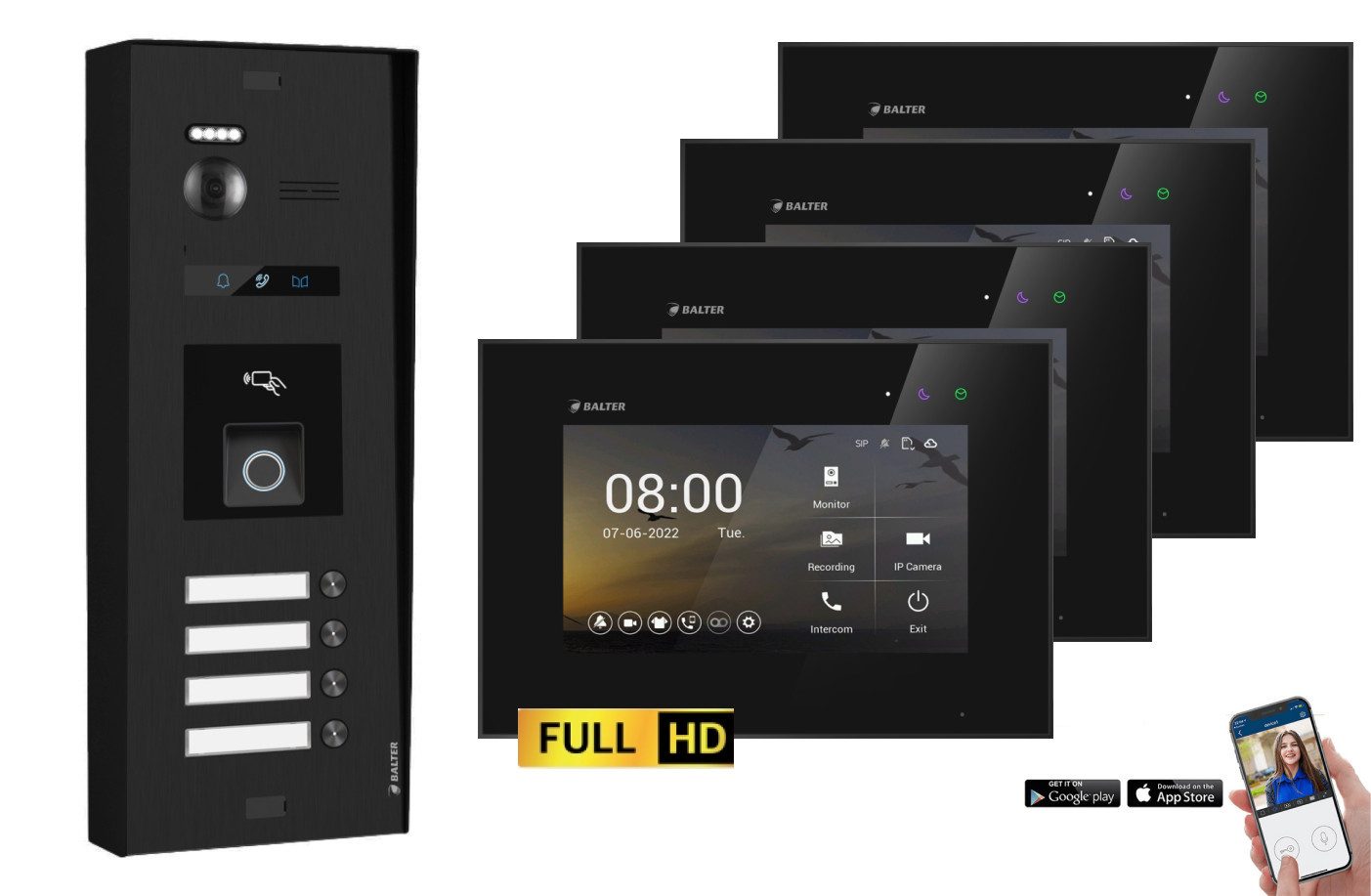 Balter Video-Türsprechanlage BALTER EVO-HD Aufputz Türsprechanlage 4-Familienhaus Schwarz (Set, 4-Familienhaus, Komplettset, Full HD 175° Kamera, Fingerprint, RFID)