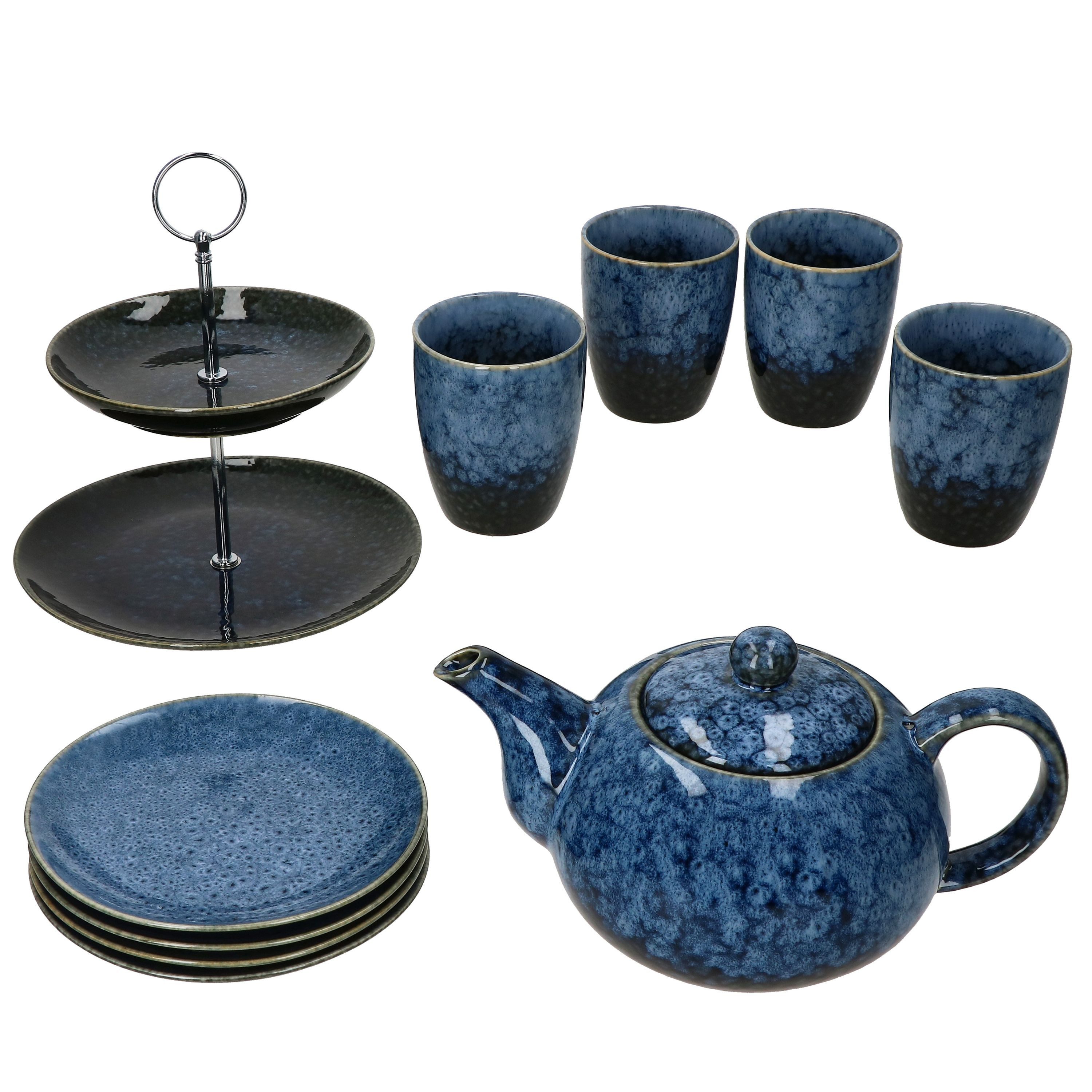 MamboCat Teekanne 10tlg Teeset Scones Blau Etagere Kanne Becher Teller 4 Pers Teeservice