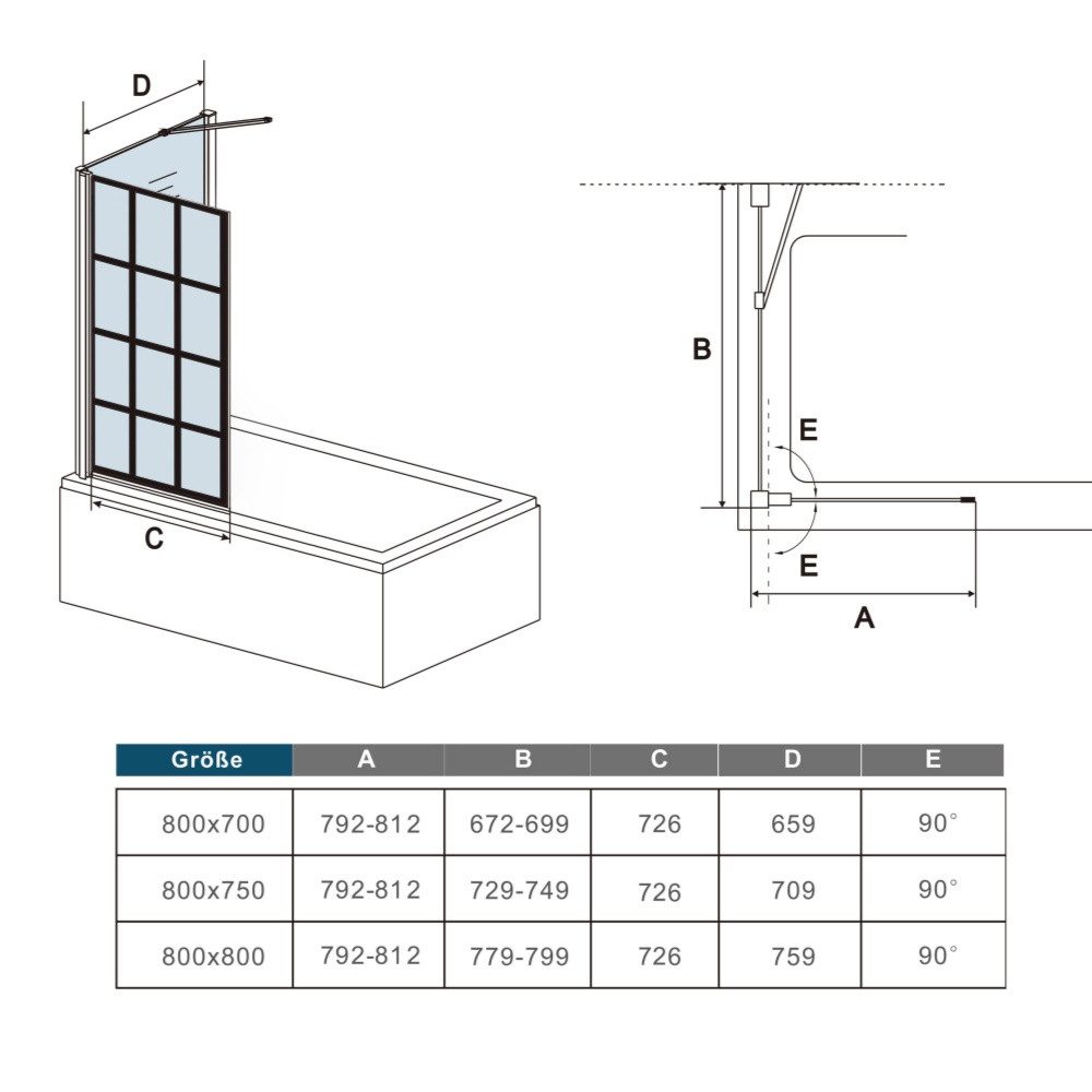 Aica Sanitär Badewannenaufsatz H:140cm 6 ESG Sicherheitsglas Schwarz Duscht günstig online kaufen