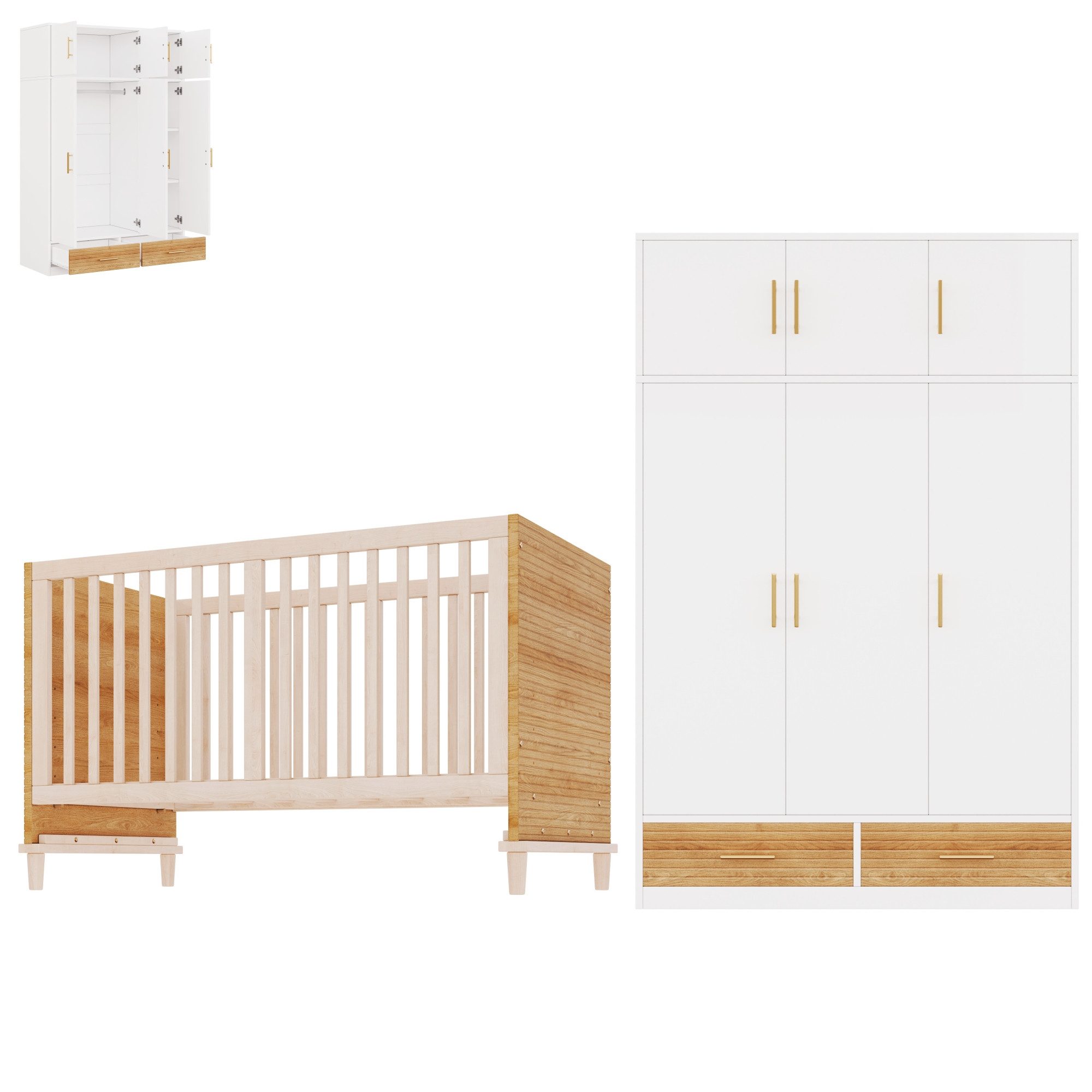 MIBODE Babymöbel-Set 3-tlg. Babyzimmer Set: Bett & Kleiderschrank, Naturholz
