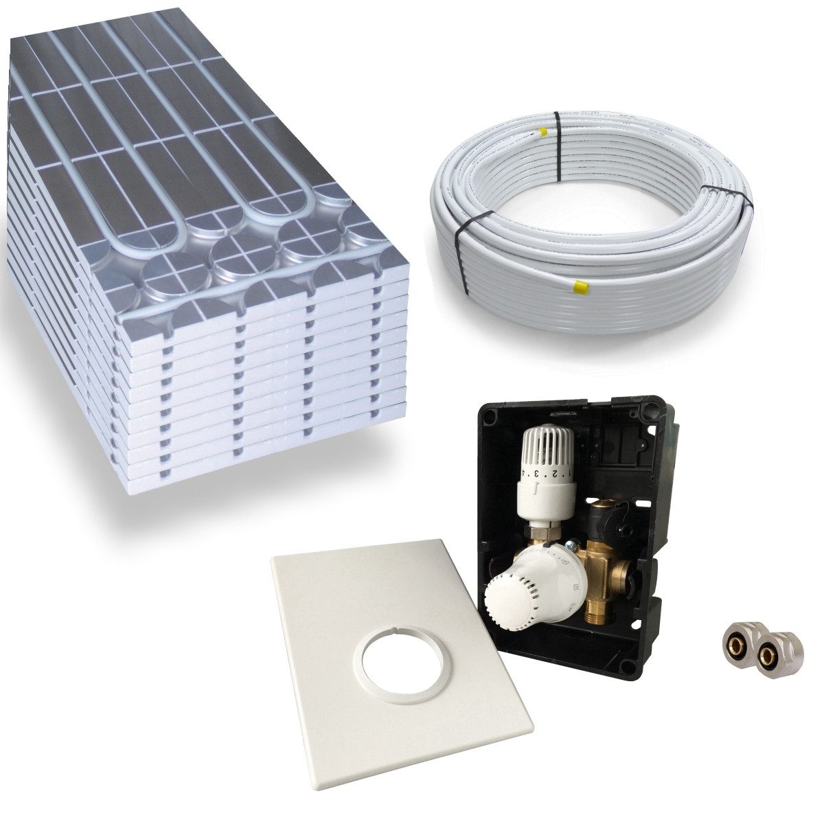 HoWaTech Warmwasserfußbodenheizungen DRY Warmwasser Trocken Fußbodenheizung Komplettset Regelbox TH-RTL, (Komplett Set), Nur 30 mm Einbauhöhe – ideal bei Sanierung