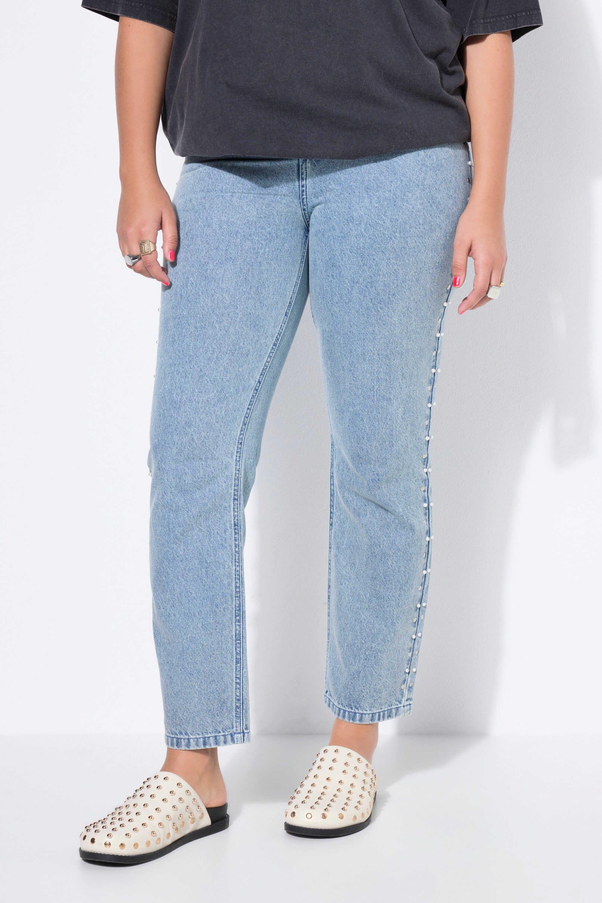 Studio Untold Röhrenjeans Mom-Jeans Mom Shape 5-Pocket Zierperlen