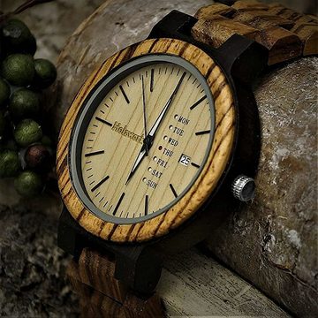 Holzwerk Quarzuhr MALCHOW Damen und Herren Holz Uhr mit Datum in Walnuss braun, beige