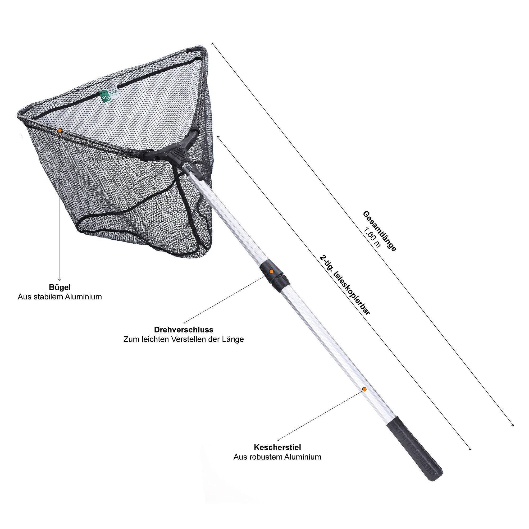 Zite Angelkescher Gummiert & Teleskopisch 160cm mit Maßband Tasche – Bild 4 von 5