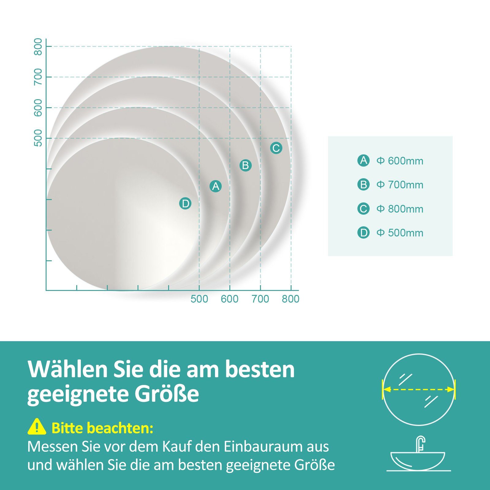 Touchschalter Badspigel mit Lichtfarbe EMKE Runder 3 Rahmenloser und Badspiegel mit Spiegel Spiegel, Dimmbar EMKE Beleuchtung