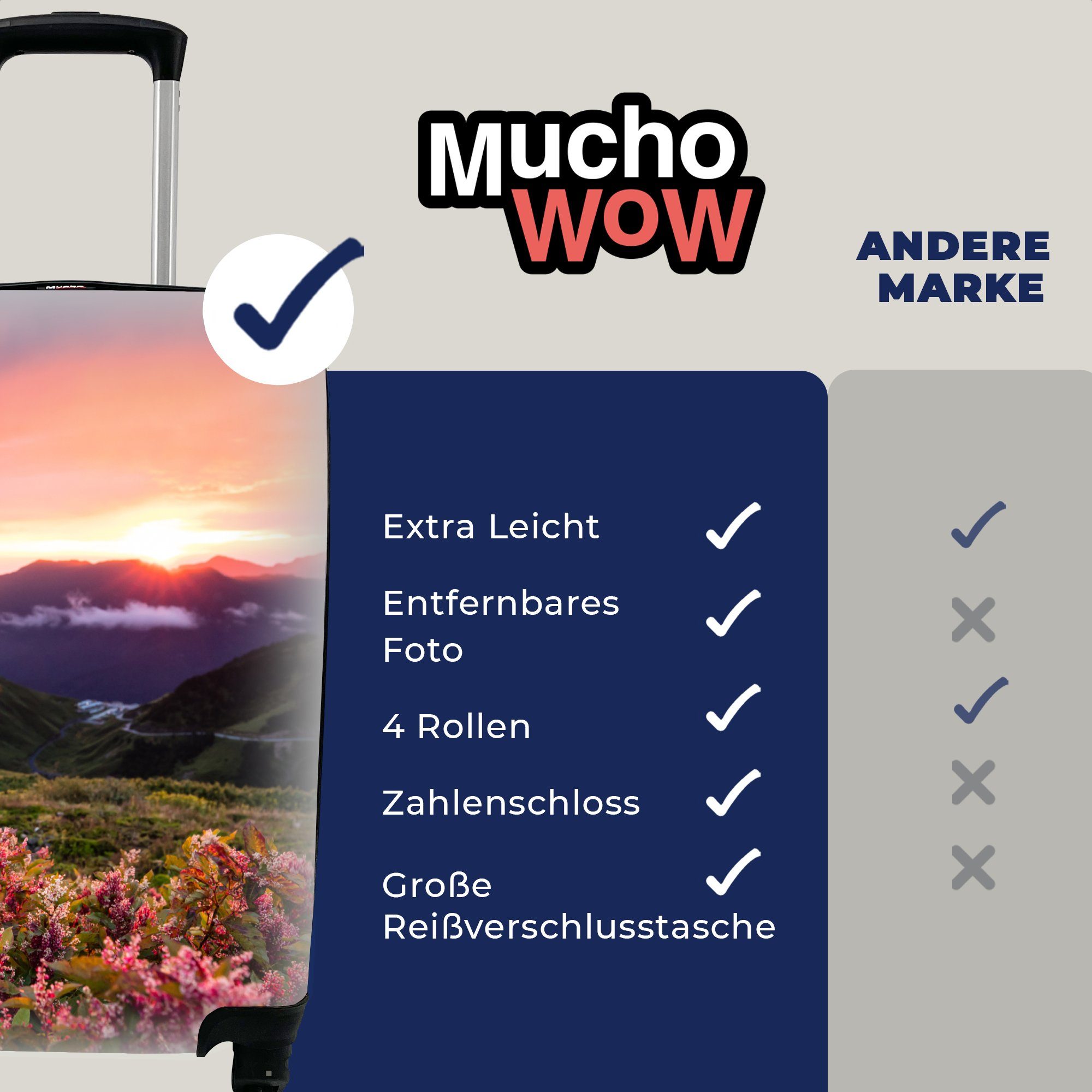 Nacht für Handgepäck Reisekoffer rollen, Reisetasche MuchoWow Rosa, Landschaft Rollen, Berge - Blumen Himmel - - Trolley, Ferien, - 4 Handgepäckkoffer mit -