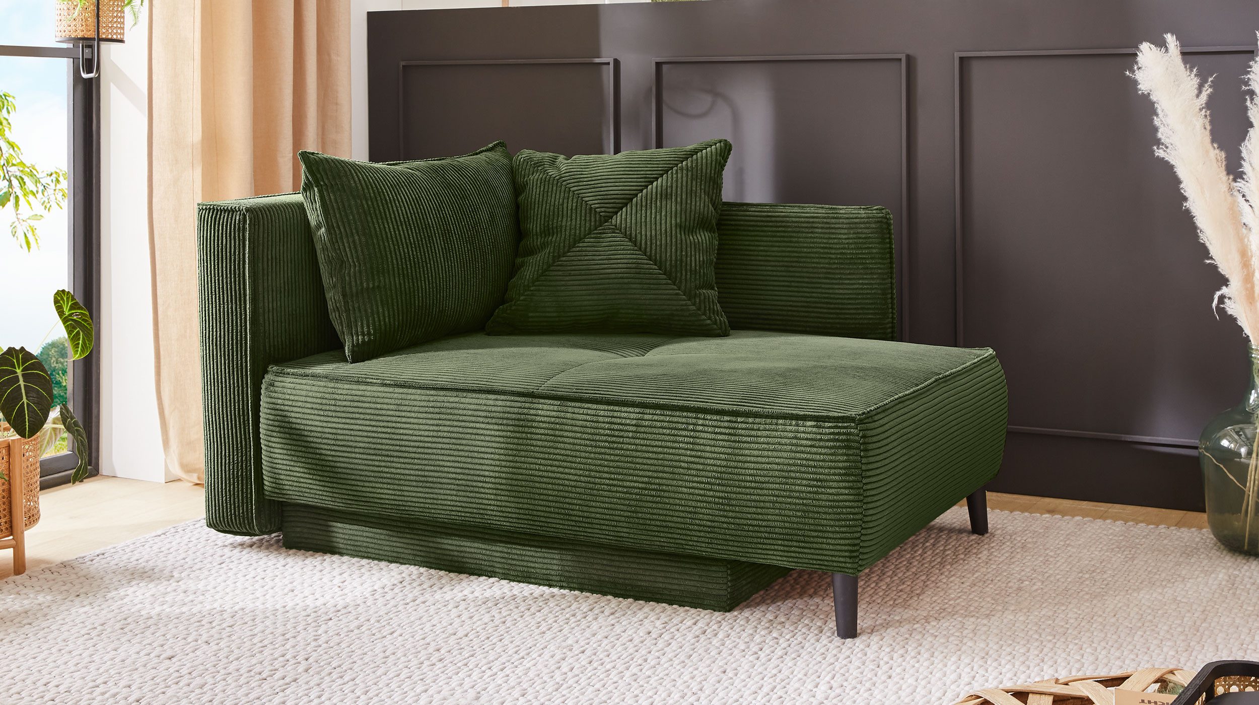 Massivart® Recamiere REX Einzelsofa grau oder grün Cord 155 cm, Bettfunktion / Bettkasten / Federkernpolsterung / Metallfüße