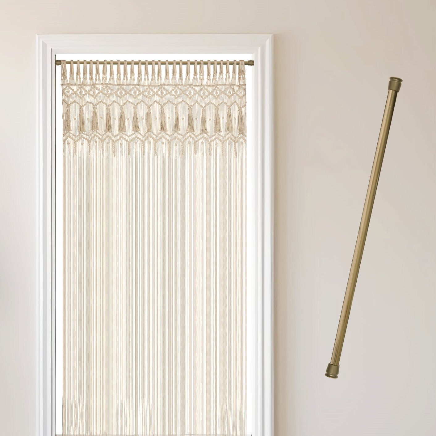 Cozyor Türvorhang Makramee 132 x 200 cm Boho Vorhang Fenstervorhang Raumteiler (1 St), Schlaufen, Baumwolle, mit Vorhangstange ohne Bohren beige, Wandteppich Wandbehang