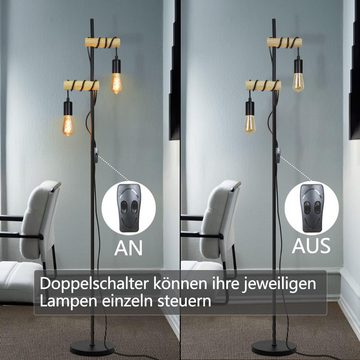 Nettlife Stehlampe Wohnzimmer Holz mit 2 Flammig Stehleuchte Industrial Schwarz E27, mit Schalter, LED wechselbar, Schwenkbar 180°, Schlafzimmer Arbeitzimmer Büro