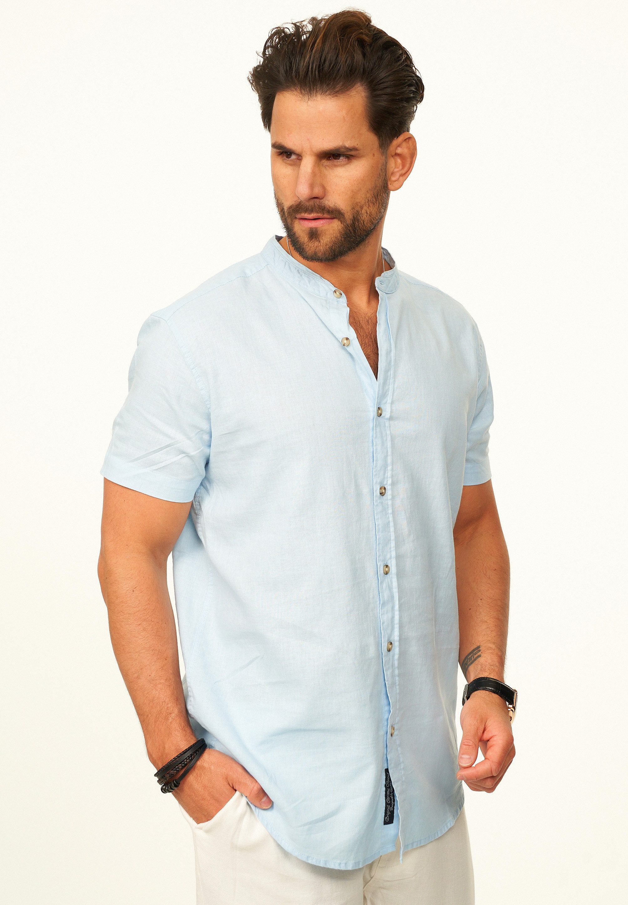 behype Kurzarmhemd als Sommerhemd aus Leinen im Regular-Fit Herren Leinenhemd Freizeithemd mit Stehkragen