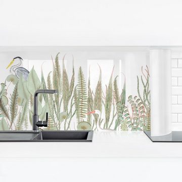Bilderdepot24 Küchenrückwand grün dekor Botanik Tropisch Tiere Flamingo und Storch mit Pflanzen, (1-tlg., Nischenrückwand - für Fliesenspiegel ohne Bohren - matt), Spritzschutz Rückwand Küche Herd - Folie selbstklebend versch. Größen