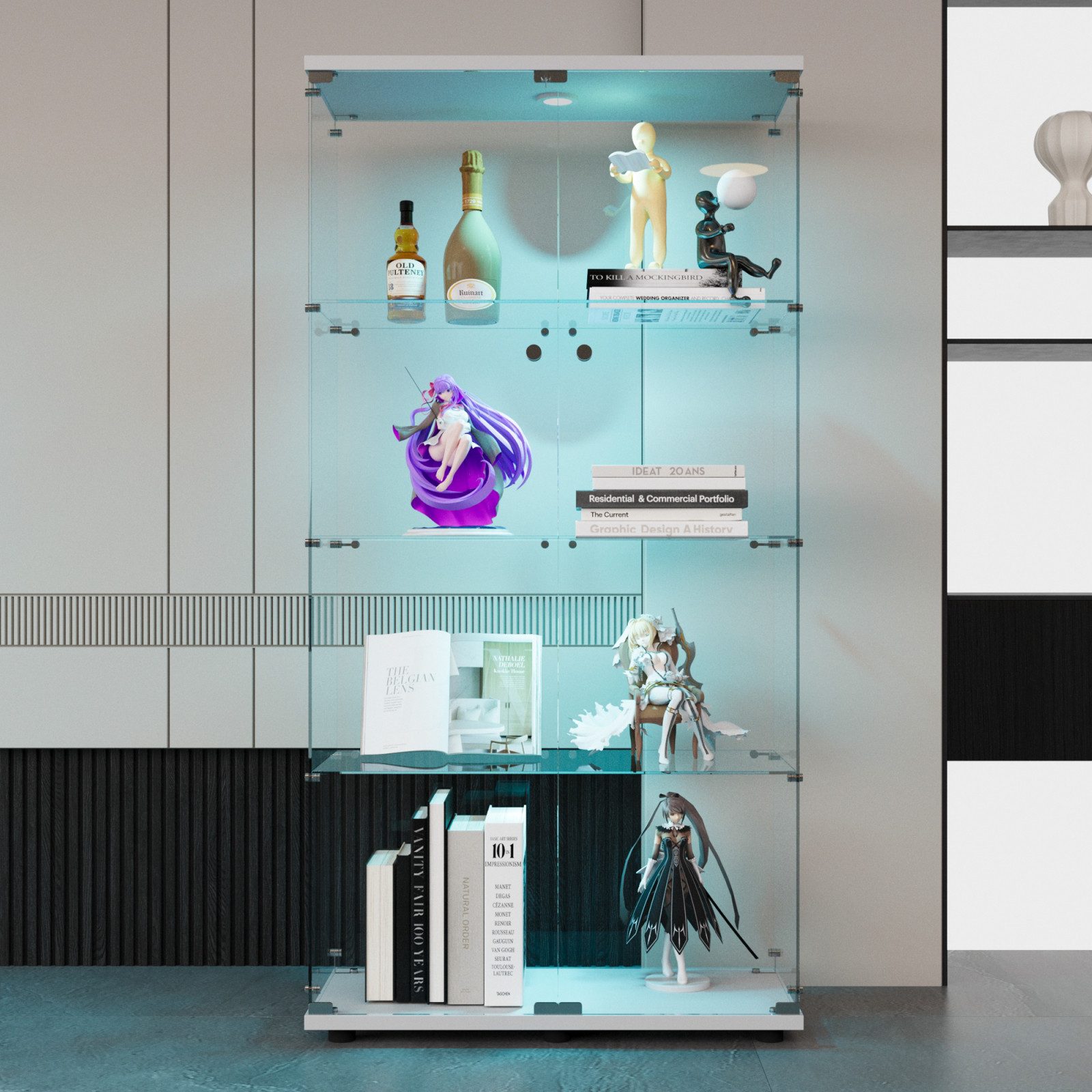 FUROKOY Glasvitrine Standvitrine, Modern Glas Vitrinenschrank (4 Lagen Glasvitrine mit 2 Glastür, Sammlervitrine, für Sammlerstücke Bücher Wein, mit Licht, weiß)
