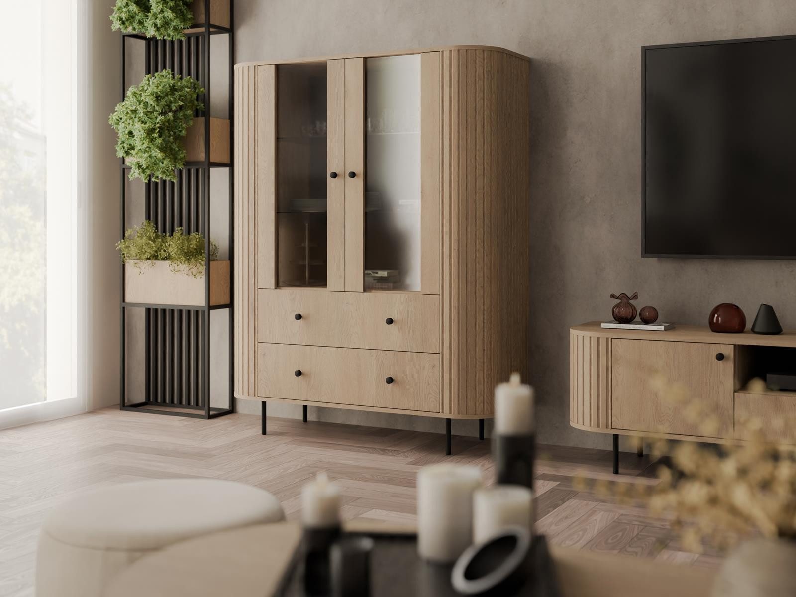 Compleo Standvitrine mit 2 Schubladen und Türen ZANTO Elegant design TOPSELLER Eiche cremona, Beige oder Eiche dunin – Bild 4 von 5