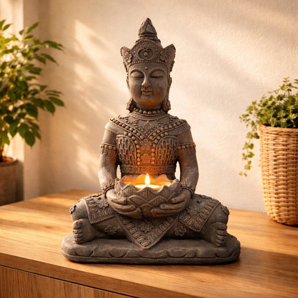 K&L Wall Art Buddhafigur Steinoptik Buddha Figur Boho Statue Feng Shui Deko, mit Teelicht Schale