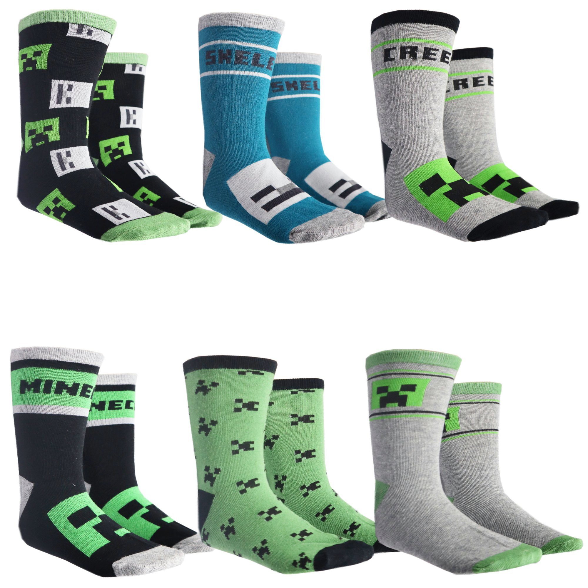 Minecraft Langsocken Minecraft Creeper Skelett Kinder Jungen lange Socken 6er Pack (6-Paar) Gr. 27 bis 38