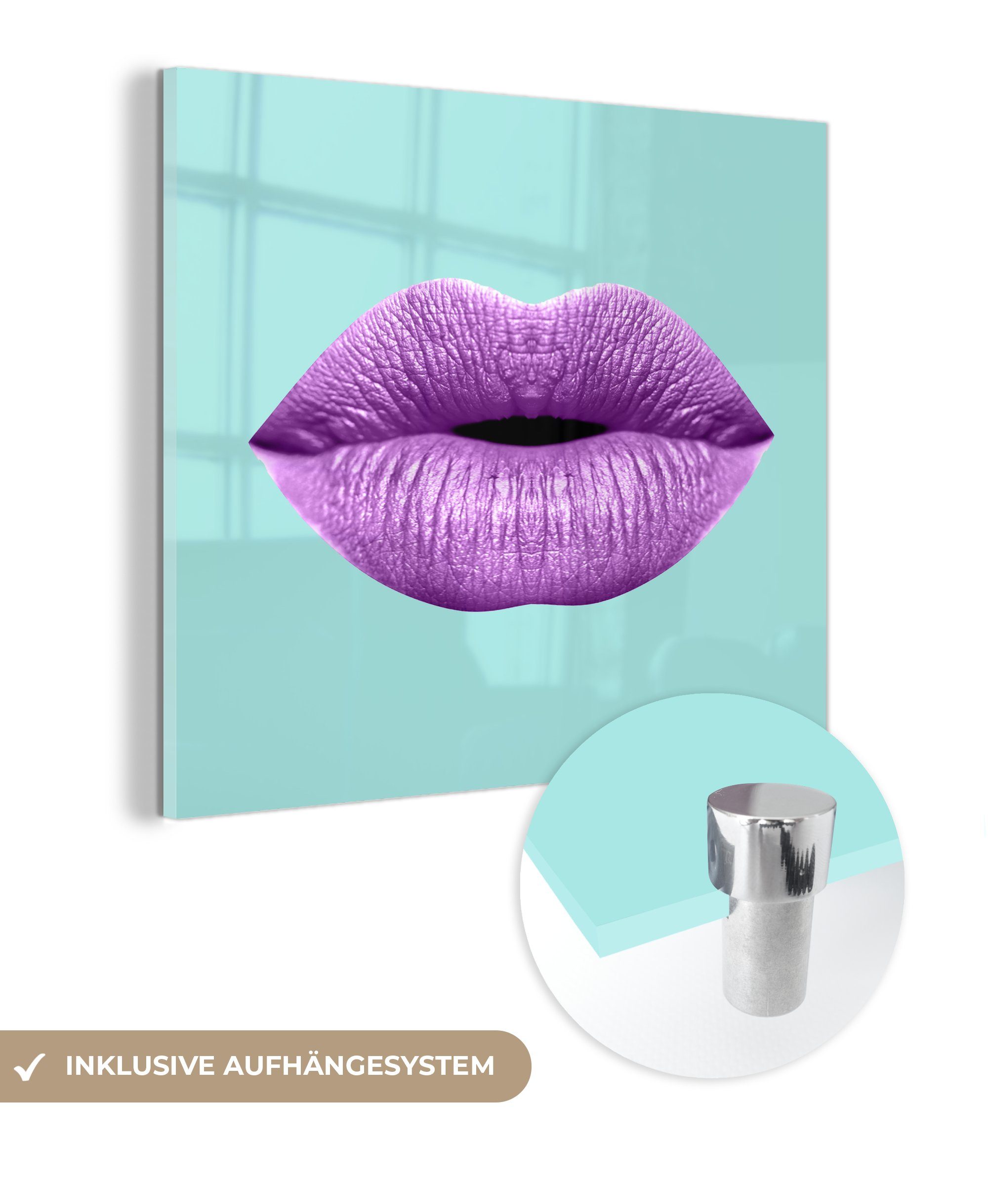MuchoWow Acrylglasbild Lippen - Pastell - Lila, (1 St), Glasbilder - Bilder auf Glas Wandbild - Foto auf Glas - Wanddekoration bunt