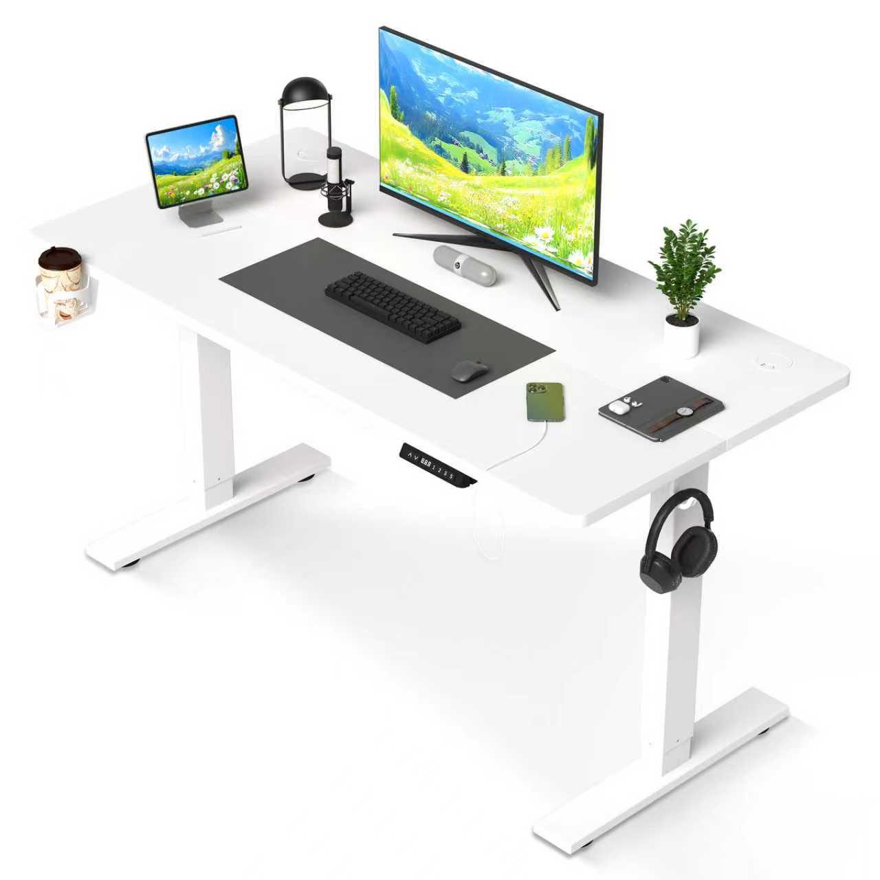 HOMAVO Schreibtisch Höhenverstellbarer schreibtisch mit Memory- und Rebound-Funktion (Sitz-Steh-Erinnerung), inkl. Kabelwanne & USB/Typ-C-Anschlüssen, Tischplatte 18 mm