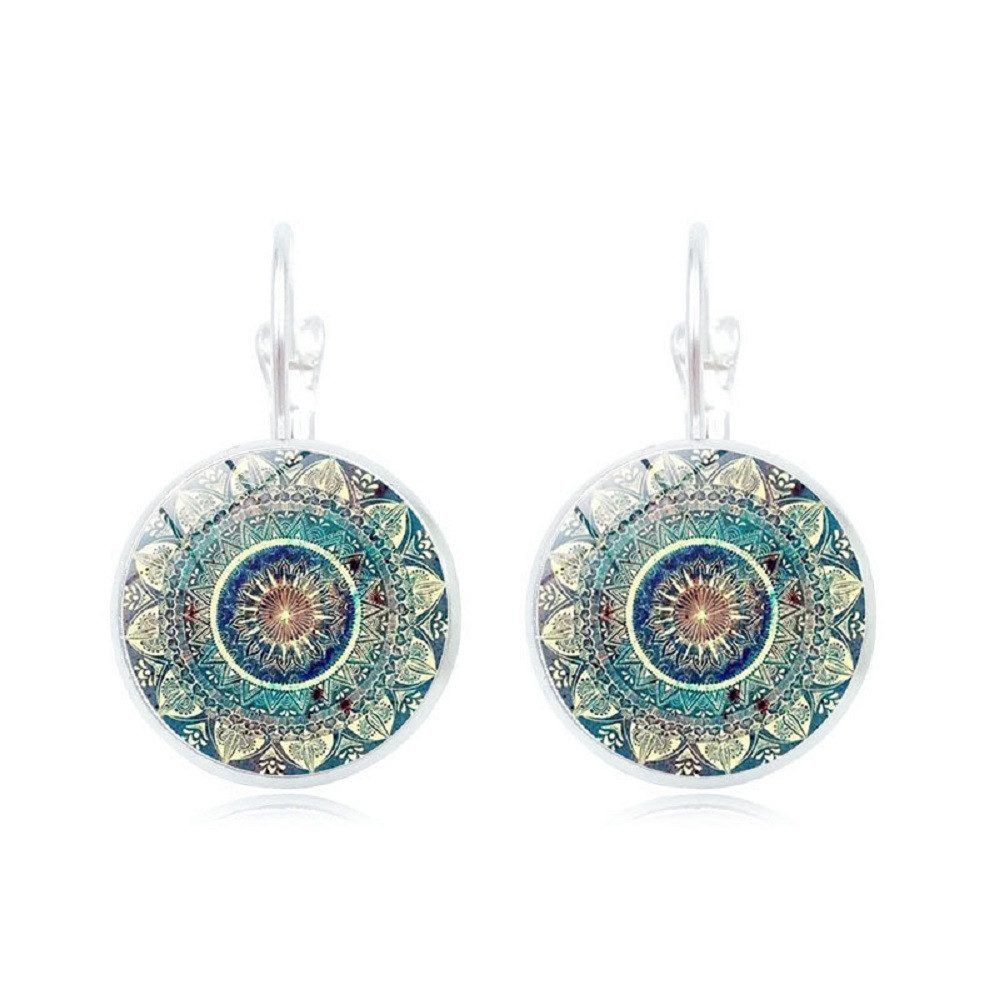 RAIKOU Ohrring und Ketten Set Mandala rund, Boho Vintage Ohrringe/ Kette mit Mandala Muster, Glas Cabochon Ohrhänger 2,8 cm