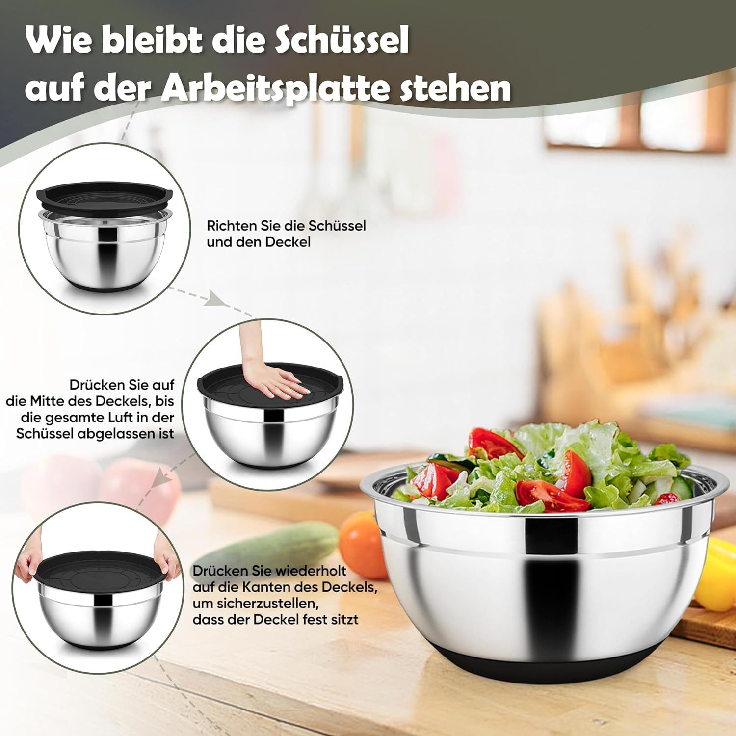 PFCTART Rührschüssel Schüssel Set mit Deckel - Salatschüssel & Edelstahl Schüssel, Edelstahl (Schüsseln), Kunststoff (Deckel), (Rostfrei, leicht zu reinigen - V – Bild 3 von 5