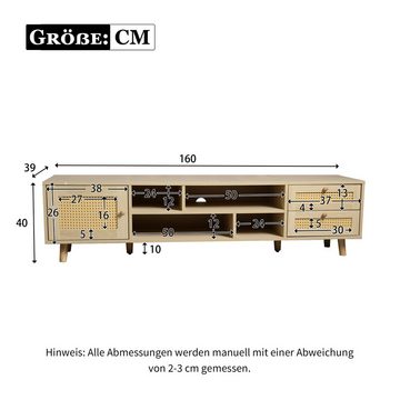 Merax Lowboard mit Tür und Schubladen Rattangeflecht, TV-Schrank mit offenen Fächern, Fernsehtisch Landhaus, B:160cm