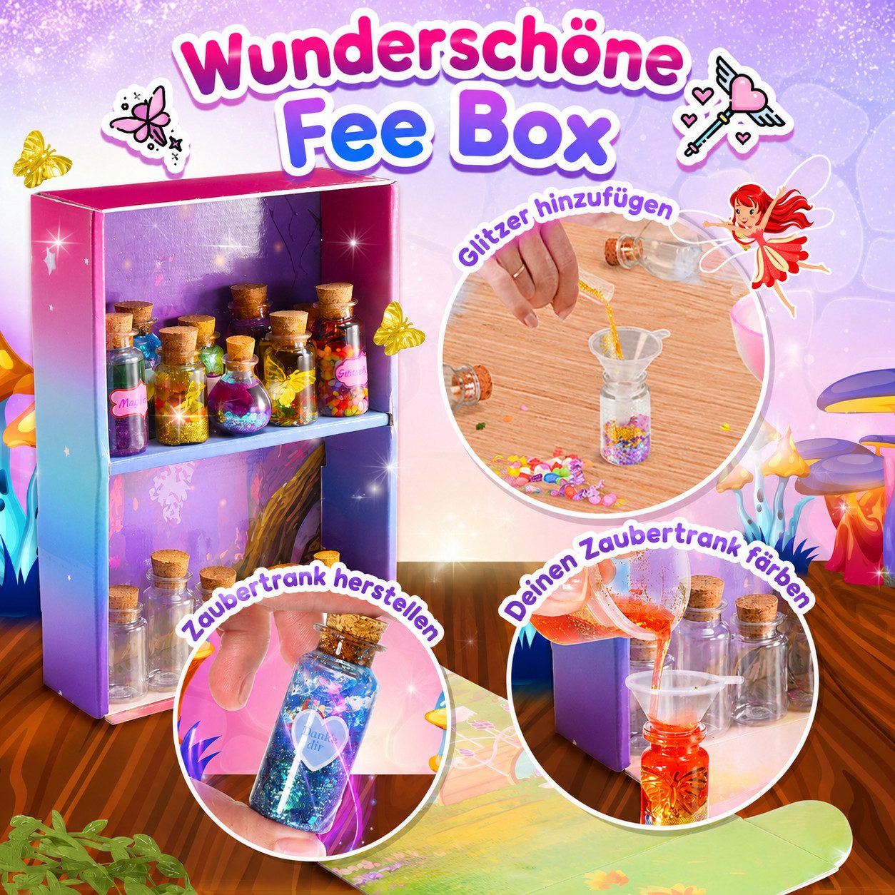 Wootoy Kreativset Feen-Zaubertrank Set Experimentierkasten Lernspielzeug Bastelset, (mit Zauberstab Kristallen Schmetterlingen und weiteren Accessoires, 1-tlg., 20 Feentrank-Fläschchen mit 7 Rezeptideen und Gestaltungsmöglichkeiten), für Partys Bastelprojekte und kreative Geschenkideen