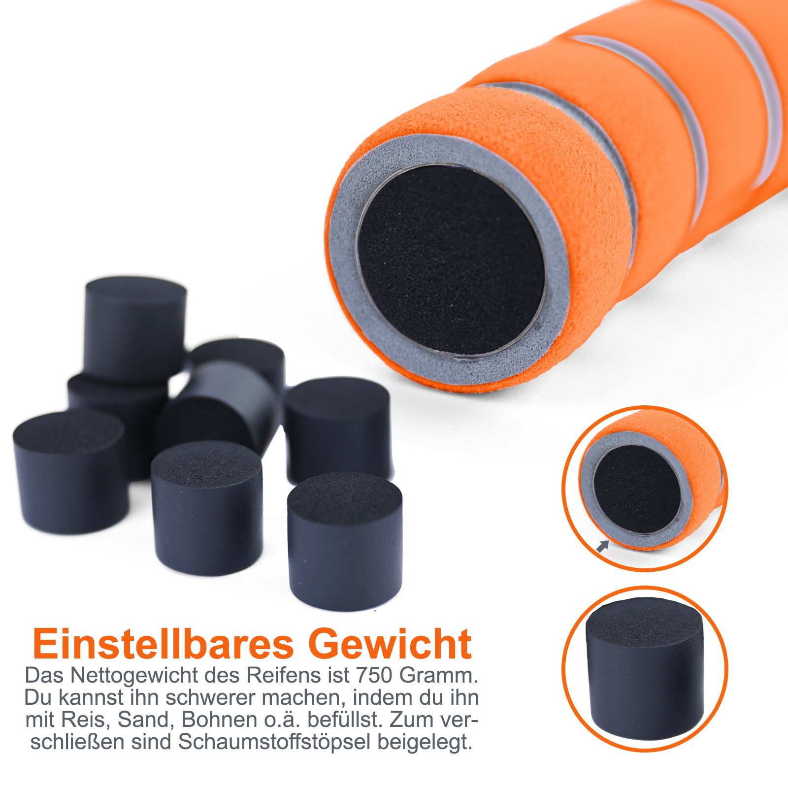 RAMROXX Hula-Hoop-Reifen Hula Hoop Edelstahl Reifen Orange Fitness gepolstert Teile 8 Grau befüllbar