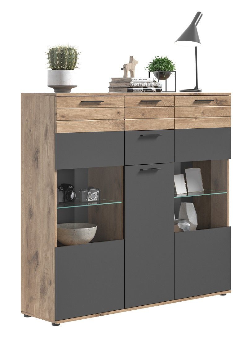 xonox.home Vitrine Highboard Mason, Nox Oak / Basalt Grau ohne Beleuchtung