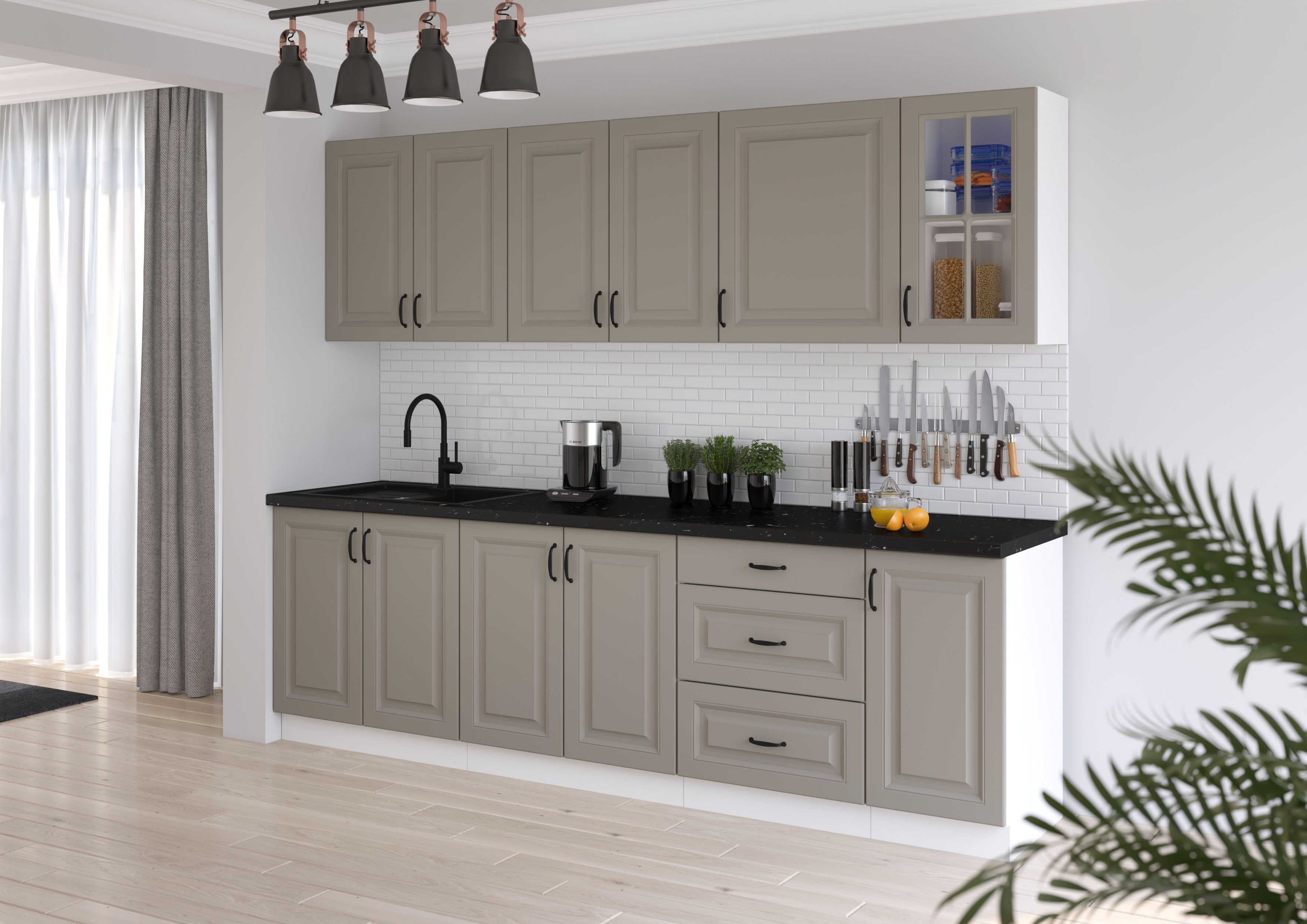 Furnix Küchenzeile Ariatte 260 cm Einbau-Küche mit Hängeschränken ohne E-Geräte, B260xH85,8xT60 cm, Landhaus Design zeitlos & funktional