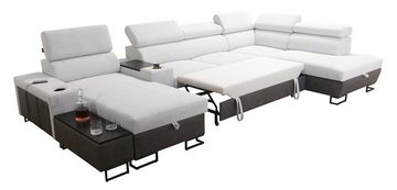 Möbel für Dich Wohnlandschaft in U-Form Melody V, mit Ablagetisch, Barfach, USB, Becherhalter, Bettfunktion, Bettkasten
