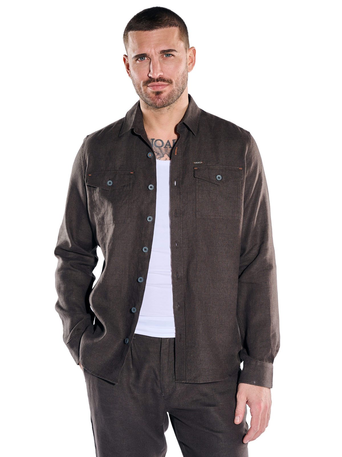 emilio adani Langarmhemd Herren Overshirt aus Leinen, Dunkelbraun
