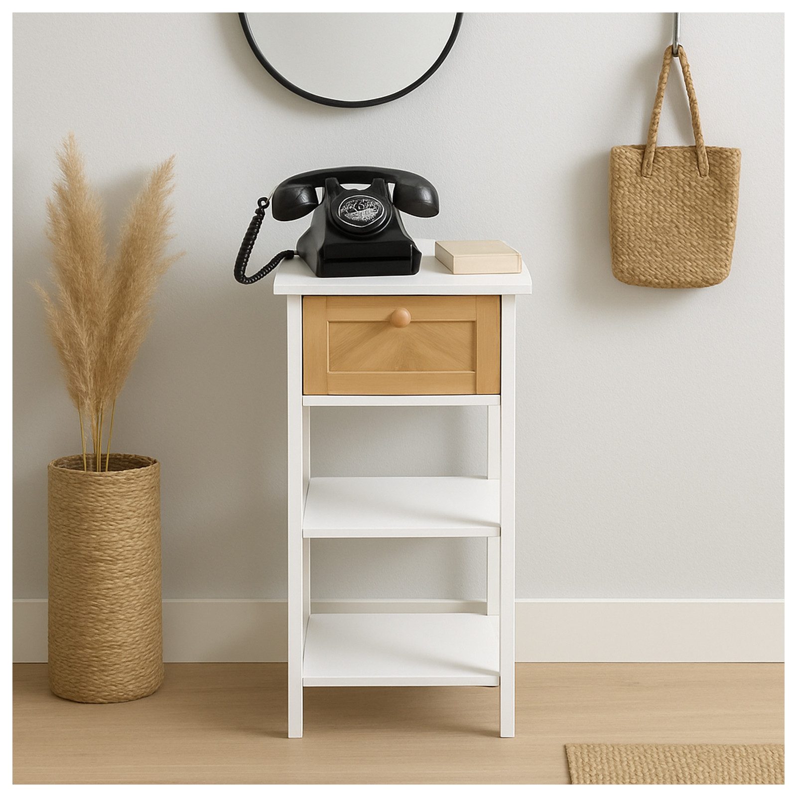 HTI-Living Telefontisch Beistelltisch Weiß mit Schublade in Holzoptik (Stück), Nachttisch Blumenhocker Telefontisch