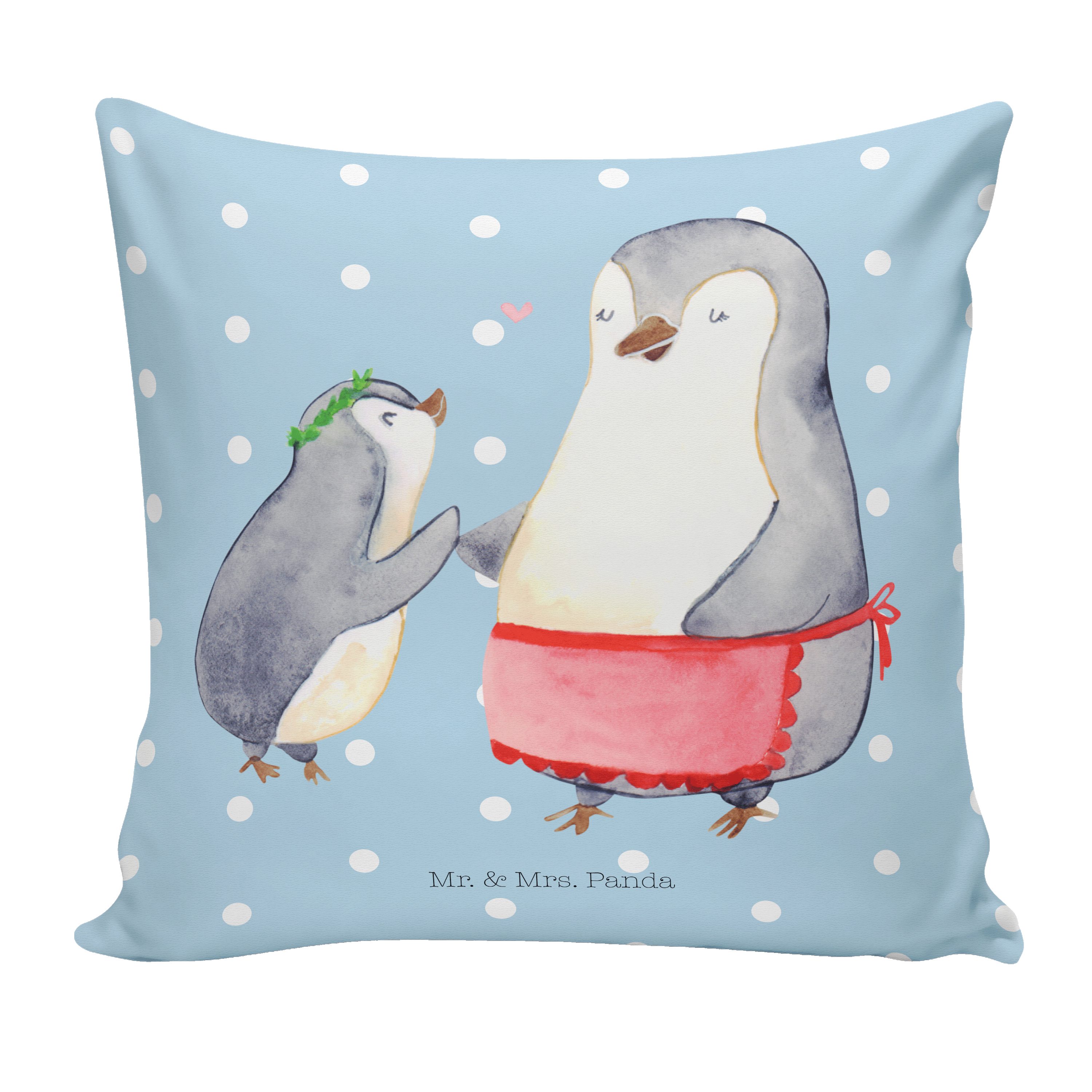 Mr. & Mrs. Panda Dekokissen Pinguin mit Kind - Blau Pastell - Geschenk, Muttertag, Danke Mama, Br | Dekokissen