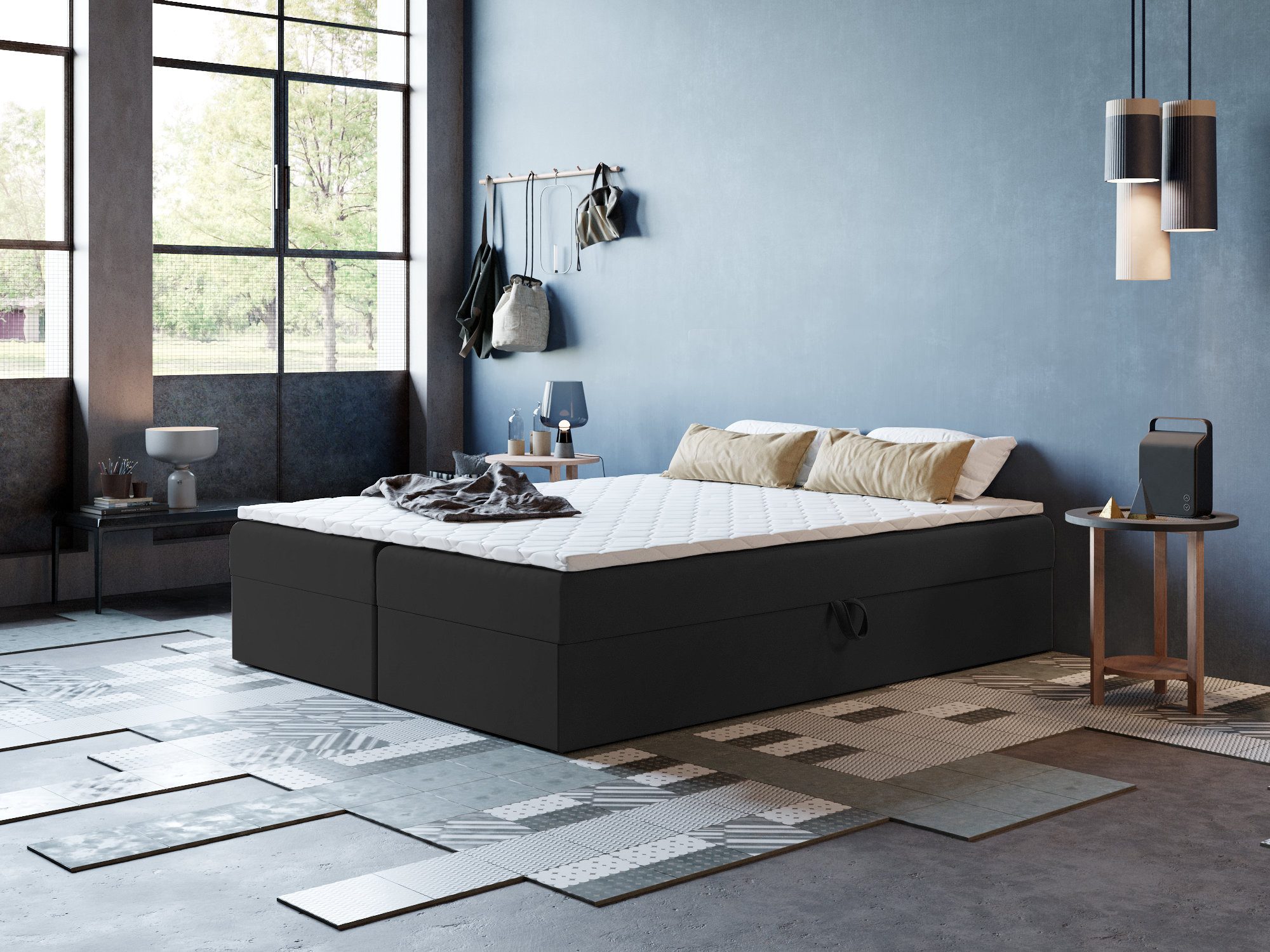 Godre Boxspringbett mit Bettkasten ARES 2 - 140x200 cm - Tashen Matratze und Topper (Bett + Matratze + Topper T-25), Bett mit zwei seitlich zu öffnenden Kästen